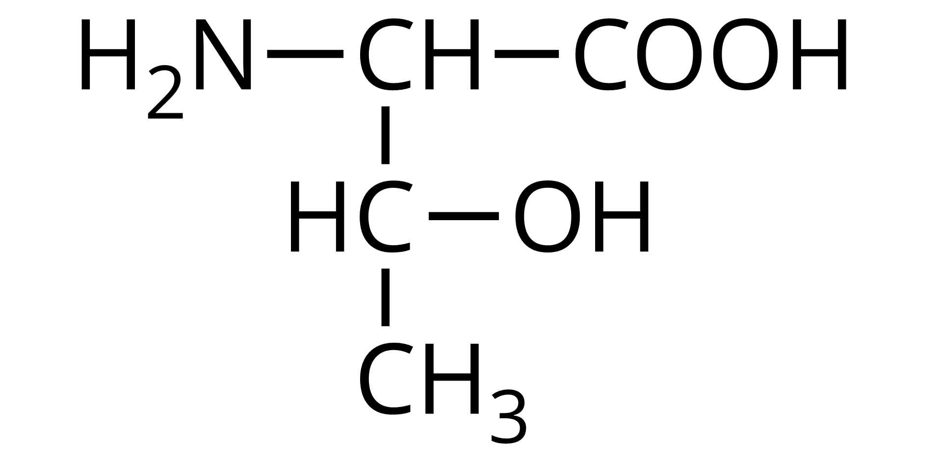 Na ilustracji jest wzór półstrukturalny: od prawej strony do lewej - grupa COOH łączy się z grupą CH. Ta w lewo łączy się z grupą aminową pierwszorzędową, a w dół z grupą CH. Grupa CH łączy się po prawej stronie z grupą OH, a w dół z grupą metylową.  