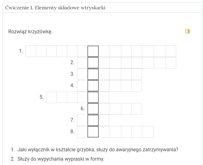 Grafika przedstawia przykładowe ćwiczenie, będące elementem interaktywnych materiałów sprawdzających. W tym przypadku jest to interaktywna krzyżówka. 