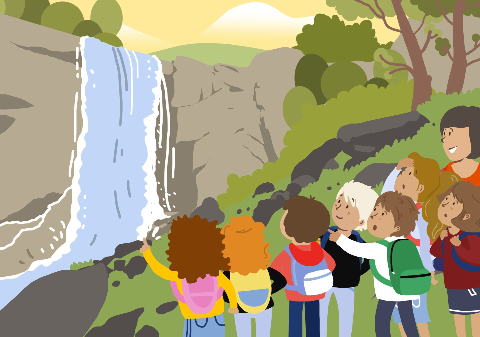 Ilustracja ukazuje malowniczy krajobraz górski, gdzie grupa dzieci z opiekunką podziwiających pobliski wodospad. Chłopcy i dziewczynki ubrani są w bluzy i spodnie a na ramionach mają plecaki.