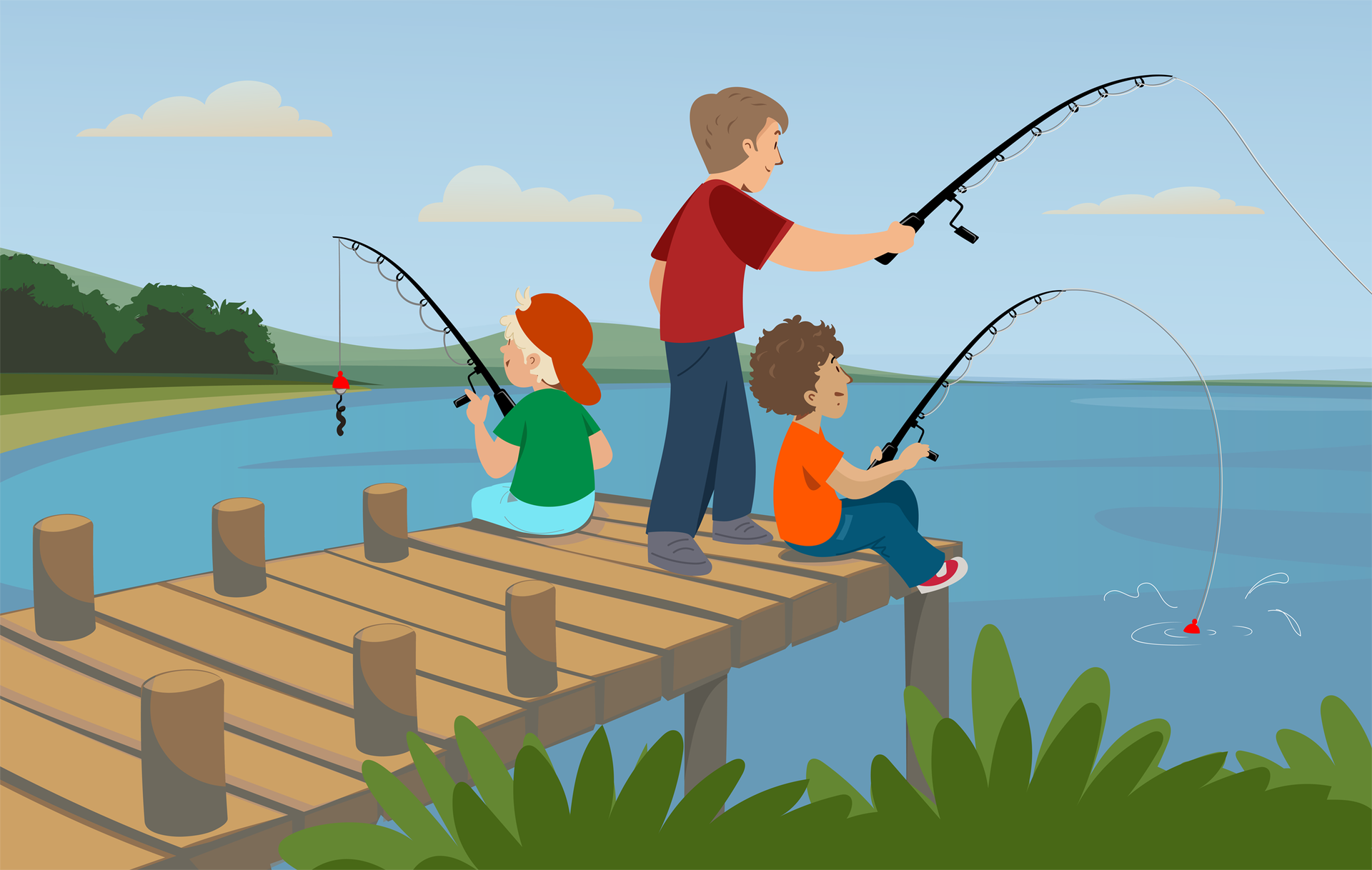 Ilustracja przedstawia chłopców i tatę łowiących ryby na pomoście 