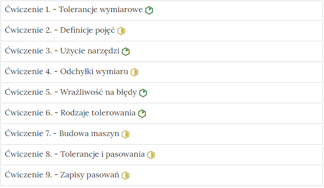 Zdjęcie przedstawia przykładowy wygląd zakładek zawierających interaktywne materiały sprawdzające. Składają się one z prostokątnych paneli umieszczonych jeden pod drugim. Każdy panel posiada numer oraz tytuł, który nawiązuje do zawartego w nim zadania.