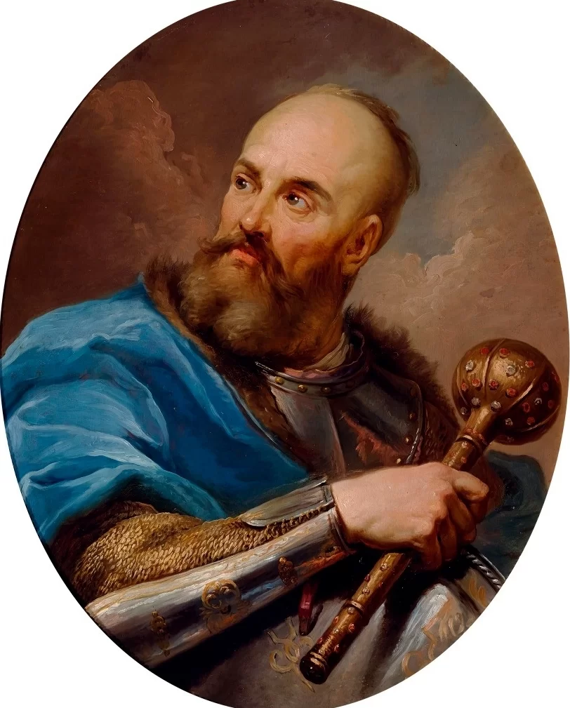 Kliknij, aby powiększyć. Na ilustracji przedstawiono portret Stanisława Potockiego zwanego Rewera. Ma on brodę oraz wąsy, głowę ma wygoloną, włosy pozostawione jedynie na jej czubku. Spogląda w prawą stronę. W prawej ręce trzyma buławę. Ubrany jest w zbroję na którą ma narzucony płaszcz.