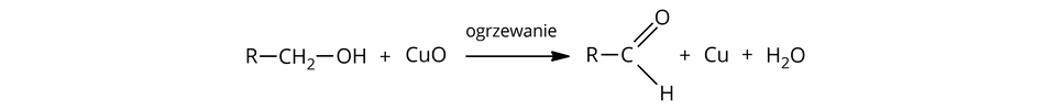 Ilustracja przedstawiająca schemat utleniania alkoholi pierwszorzędowych przy udziale tlenku miedzi(dwa). Cząsteczka alkoholu zbudowanego z podstawnika R związanego z grupą metylenową C H indeks dolny, dwa, koniec indeksu dolnego, która to łączy się z grupą hydroksylową O H. Dodać cząsteczkę tlenku miedzi(dwa) C u O. Strzałka w prawo, nad strzałką zapis "ogrzewanie", za strzałką cząsteczka aldehydu składającego się z podstawnika R związanego z atomem węgla, który to łączy się za pomocą wiązania podwójnego z atomem tlenu oraz za pomocą wiązania pojedynczego z atomem wodoru. Dodać atom miedzi C u. Dodać cząsteczkę wody H indeks dolny, dwa, koniec indeksu dolnego, O.