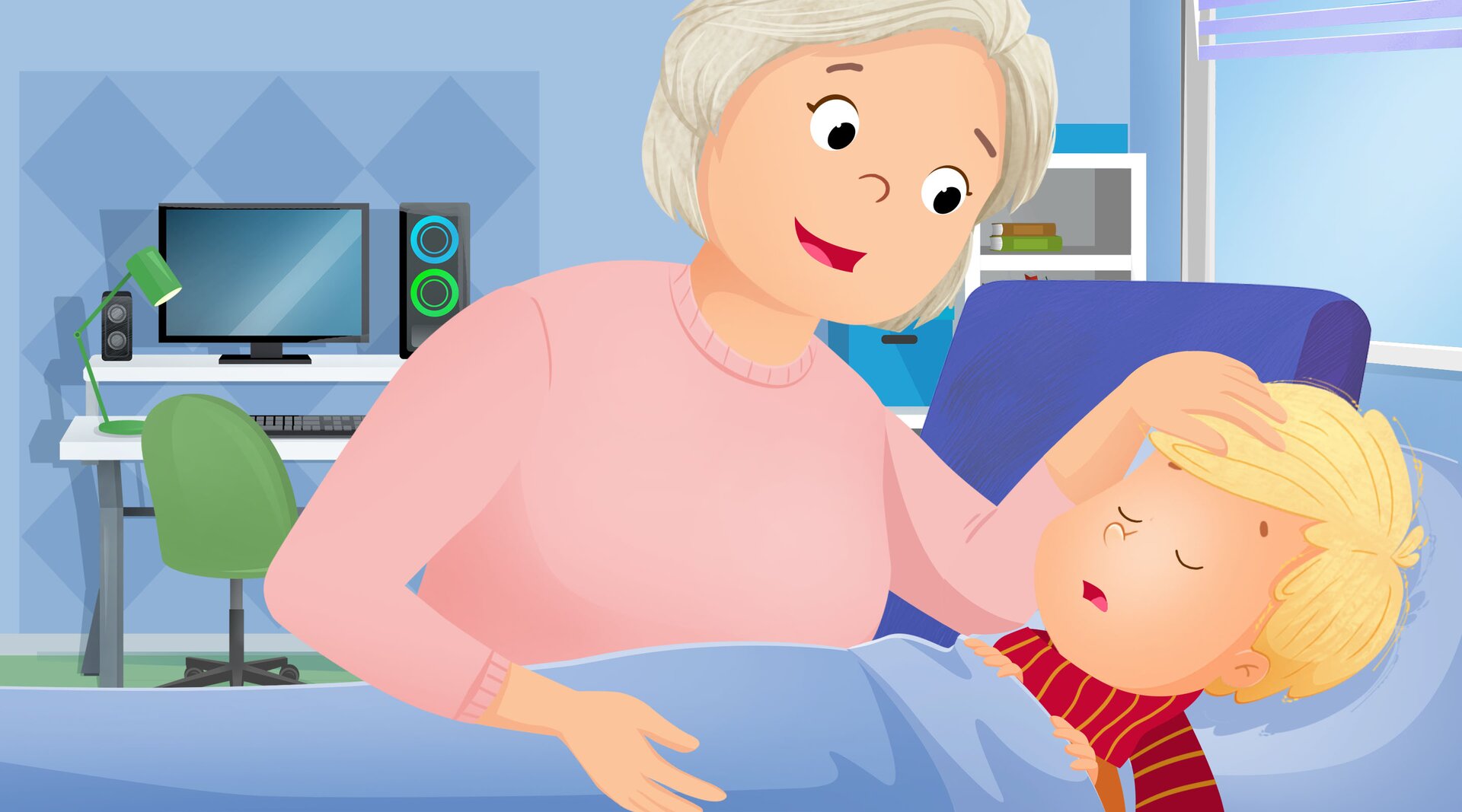 Na ilustracji znajduje się mama usypiająca dziecko.