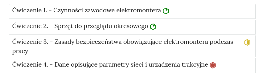 Zrzut ekranu przedstawia przykładowy wygląd zakładek z interaktywnymi materiałami sprawdzającymi. Widoczne są cztery zakładki z ćwiczeniami, na każdej zakładce jest numer ćwiczenia i jego tytuł. Po tytule widać symbol poziomu trudności danego ćwiczenia. Przykład tekstu na pasku zakładki. Ćwiczenie 1 myślnik czynności zawodowe elektromontera.