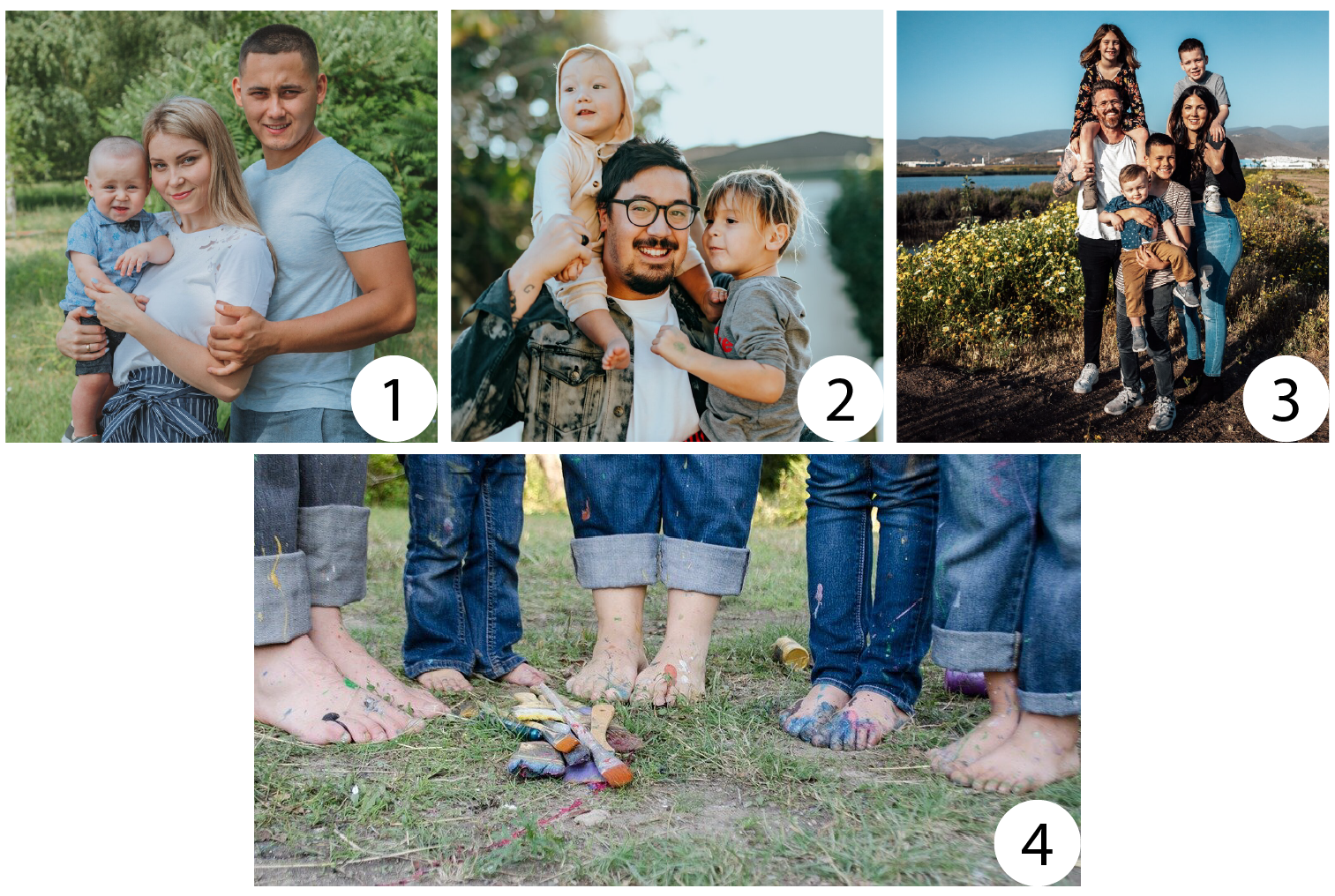 Ilustracja przedstawia cztery zdjęcia. Do pierwszego zdjęcia pozuje trójosobowa rodzina: młoda, jasnowłosa kobieta trzymająca na rękach małego chłopca i młody mężczyzna obejmujący rękami młodą kobietę. Wszyscy uśmiechają się. Drugie zdjęcie przedstawia uśmiechniętego mężczyznę w średnim wieku. Mężczyzna trzyma na barana małe dziecko, a na lewej ręce trzyma nieco starszego chłopca. Zdjęcie trzecie przedstawia pozującą do zdjęcia sześcioosobową rodzinę, Jest tu dwoje rodziców w średnim wieku i czworo dzieci w różnym wieku: trzech chłopców i jedna dziewczynka. Czwarte zdjęcie przedstawia trawnik i bose, umalowane różnokolorowymi farbami stopy dwojga dorosłych i trojga dzieci. Pomiędzy stopami leży stos pędzli ubrudzonych różnokolorowymi farbami.
