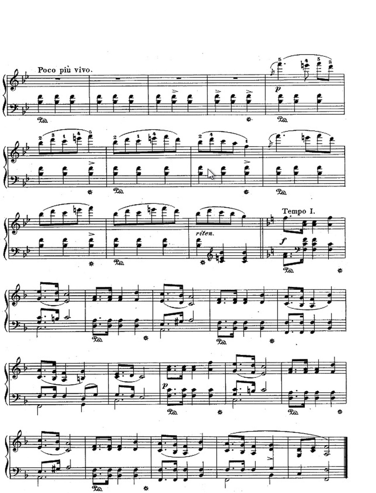 Fotografia ukazuje zapis nutowy utworu F. Chopin – „Mazurek F-dur” op. 68 nr 3. Zdjęcie przedstawia czarną pięciolinię z nutami, na białej stronie.