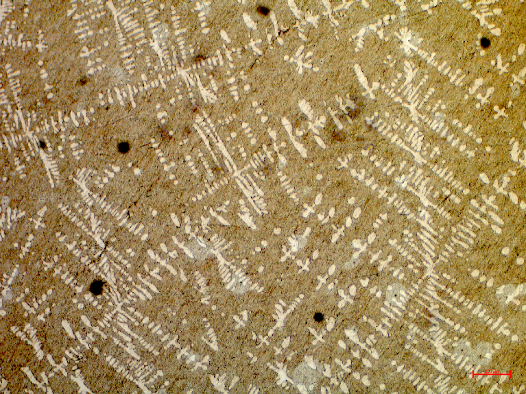 Mikrostruktura siluminu modyfikowanego AlSi11
Jasna faza α na tle ciemnej eutektyki α+Si. - powiększenie 10x
