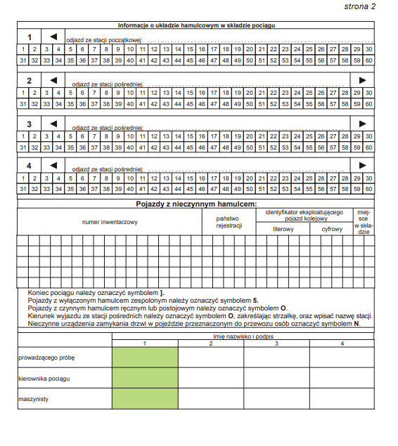 Grafika przedstawia drugą stronę karty próby hamulca. Znajdują się tu informacje o układzie hamulcowym w składzie pociągu. Poniżej znajdują się cztery tabele składające się z sześćdziesięciu komórek ułożonych w dwóch rzędach. Pierwsza jest podpisana odjazd ze stacji początkowej, druga i trzecia i czwarta odjazd ze stacji pośredniej. Kolejna tabela jest zatytułowana pojazdy z nieczynnym hamulcem. Znajduje się w niej miejsce na numer inwentarzowy, państwo rejestracji, identyfikator eksploatującego pojazdem oraz miejsce w składzie. Poniżej znajdują się cztery wiersze małych kwadratowych komórek. Pod tabelą znajduje się legenda. Koniec pociągu należy oznaczyć symbolem prawy nawias kwadratowy. Pojazdy z wyłączonym hamulcem zespolonym należy oznaczyć symbolem pięć. Pojazdy z czynnym hamulcem ręcznym lub postojowym należy oznaczyć symbolem o. Kierunek wjazdy ze stacji pośrednich należy oznaczyć symbolem o, zakreślając strzałkę oraz wpisać nazwę stacji. Nieczynne urządzenia zamykania drzwi w pojeździe przeznaczonym do przewozu osób oznaczyć symbolem en. Na samym dole znajduje się tabela z miejscem na imię, nazwisko oraz podpis prowadzącego próbę, kierownika pociągu oraz maszynisty. 