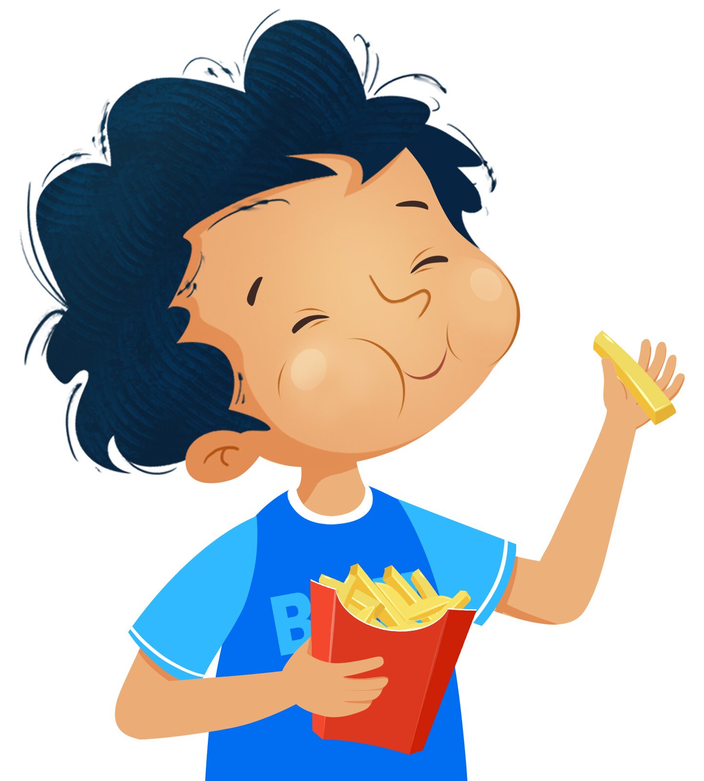 Ilustracja przedstawia Bena jedzącego frytki 