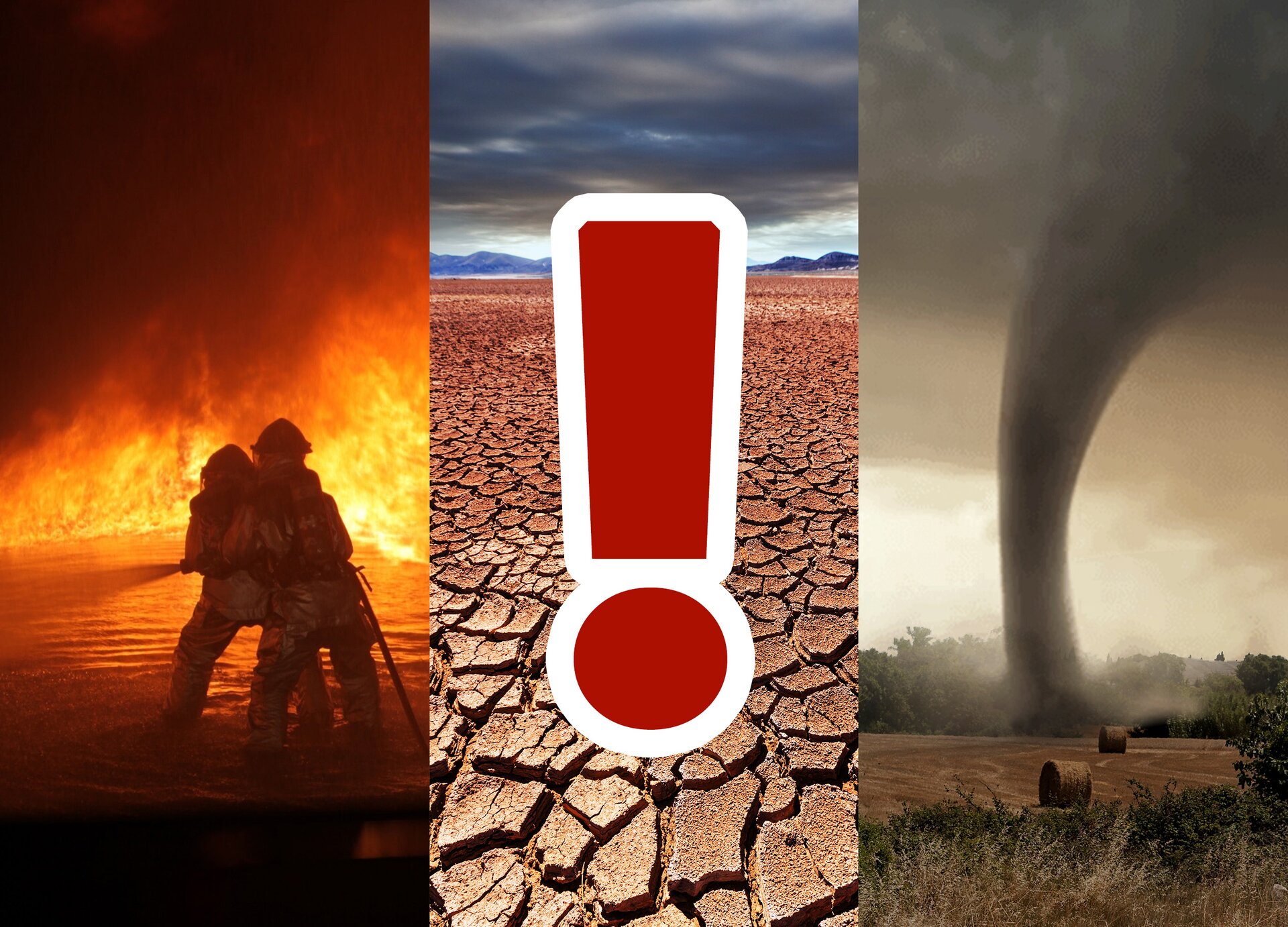 Ilustracja składa się z trzech zdjęć. Na zdjęciu po lewej stronie widoczni są dwaj strażacy, którzy trzymają węża strażackiego i gaszą pożar. Na zdjęciu pośrodku widoczna jest popękana, sucha ziemia w kolorze brązowo‑rudym, na którą nałożony jest duży czerwony wykrzyknik. Na zdjęciu po prawej stronie widoczna jest trąba powietrzna zbliżająca się do pola, na którym widoczne są bale słomy.