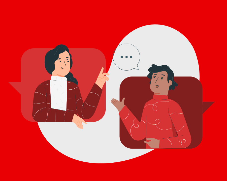 Ilustracja przedstawia dwie osoby - mężczyznę i kobietę, którzy się porozumiewają. Ich sylwetki są ukazane od pasa w górę w chmurkach dialogowych. Tło jest koloru czerwonego.