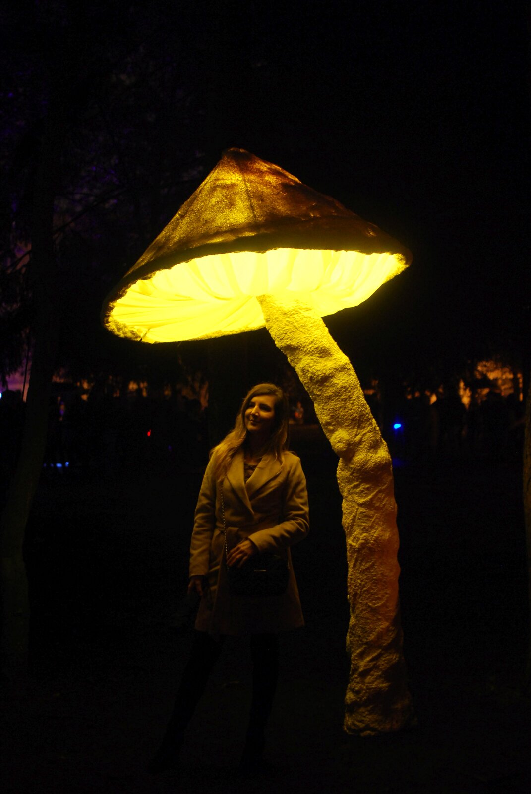 Ilustracja przedstawia fotografię instalacji świetlnej z Festiwalu Kinetycznej Sztuki Światła w Łodzi. Ukazuje kobietę stojącą pod lampą, w kształcie grzyba. Żółte światło lampy wydobywa się spod kapelusza.