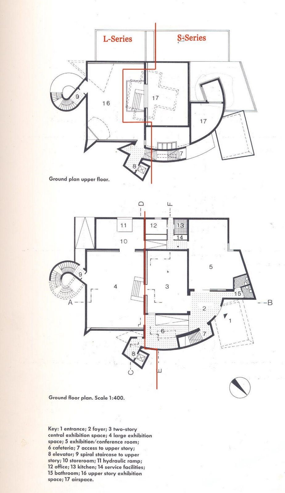 Frank Gehry, Muzeum Vitra Ilustracja przedstawia plan budynku składający się z dwóch fragmentów. Pod pierwszym planem obecny jest napis „Ground plan upper floor”, a pod drugim – „Ground floor plan. Scale 1:400.” Pod nim umieszczono 9 linijek tekstu opisującego budynek z numerami od 1 do 17, obecnych również na planach. Pierwszy plan tworzą czarne, grube linie zewnętrzne oraz cieńsze, ciągłe i przerywane linie w środku budynku. Wewnątrz obecna jest łamana, czerwona linia, przebiegająca prze pomieszczenia. U góry, po obu jej stronach umieszczono czerwone napisy „L‑Series” oraz „S‑Series”. Oprócz głównej bryły budynku, z lewej strony umieszczono spiralne schody zewnętrzne, a także elementy wystające z przodu oraz z prawej strony. Kolejny plan przedstawia następną część budynku, a linie górne, które poprzednio były jasne, zaznaczono ciemną kreską linii zewnętrznych. Łamana linia czerwona przechodzi prosto przez większą część budynku, załamując się u dołu. Z prawej strony, pod spodem, umieszczono okrąg o czarnych krawędziach, którego fragment pomalowano na czarno. Tło stanowi jasna kartka, pożółkła z lewej strony.