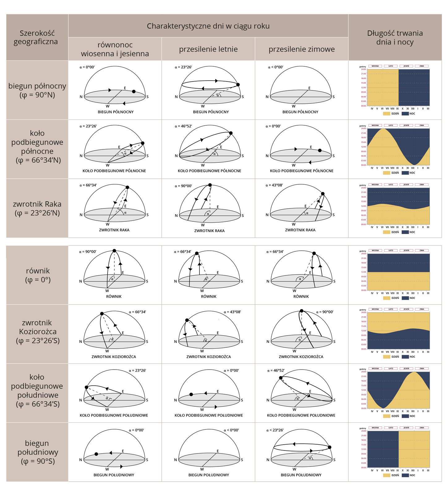 Grafika przedstawia tabelkę, w której pokazana jest droga słońca w różnych dniach roku na poszczególnych szerokościach geograficznych. U góry tej tabelki wyznaczone są od lewej strony nagłówki: szerokość geograficzna, charakterystyczne dni w ciągu roku (równonoc wiosenna i jesienna, przesilenie letnie, przesilenie zimowe) oraz długość trwania dnia i nocy. Pod nagłówkiem szerokość geograficzna mamy wymienionych 7 punktów: biegun północny (grecka litera fi równa się 90 stopni N), koło podbiegunowe północne (grecka litera fi równa się 66 stopni i 34 minuty N), zwrotnik Raka (grecka litera fi równa się 23 stopnie i 26 minut N), równik (grecka litera fi równa się 0 stopni), zwrotnik Koziorożca (grecka litera fi równa się 23 stopnie i 26 minut S), koło podbiegunowe południowe (grecka litera fi równa się 66 stopni i 34 minuty S) oraz biegun południowy (grecka litera fi równa się 90 stopni S). Droga słońca na widnokręgu w 3 przypadkach przedstawiana jest za pomocą rysunków. Pierwszy od góry jest opisany biegun północny. Rysunek równonocy wiosennej i jesiennej przedstawia ruch słońca nad widnokręgiem. Na okrągłej płaszczyźnie widnokręgu zaznaczone są kierunki świata oznaczone literami: N czyli północ, S czyli południe, E czyli wschód i W czyli zachód. Nad tą płaszczyzną narysowana jest połowa okręgu oznaczająca sklepienie niebieskie. Punkty N i S oraz E i W połączone są liniami prostymi, które przecinają się na środku. W płaszczyźnie tej zawiera się okrąg z dwiema strzałkami skierowanymi zgodnie ze ruchem wskazówek zegara. W jednym jego punkcie narysowane jest słońce. Kąt padania promieni słonecznych oznaczony jest grecką literą alfa i wynosi 0 stopni. Rysunek przesilenia letniego przedstawia ruch słońca nad widnokręgiem. Na okrągłej płaszczyźnie widnokręgu zaznaczone są kierunki świata oznaczone literami: N czyli północ, S czyli południe, E czyli wschód i W czyli zachód. Nad tą płaszczyzną narysowana jest połowa okręgu oznaczająca sklepienie niebieskie. Punkty N i S oraz E i W połączone są liniami prostymi, które przecinają się na środku. Nad tą płaszczyzną narysowana jest połowa okręgu oznaczająca sklepienie niebieskie oraz okrąg równoległy do tej płaszczyzny z dwiema strzałkami skierowanymi zgodnie ze ruchem wskazówek zegara. W punkcie stykania się tego okręgu z linią oznaczającą sklepienie niebieskie narysowane jest słońce. Kąt padania promieni słonecznych w punkcie górowania słońca (najwyższy punkt na jego drodze po niebie) oznaczony jest grecką literą alfa i wynosi 23 stopnie i 26 minut. Rysunek przesilenia zimowego przedstawia ruch słońca nad widnokręgiem. Na okrągłej płaszczyźnie widnokręgu zaznaczone są kierunki świata oznaczone literami: N czyli północ, S czyli południe, E czyli wschód i W czyli zachód. Nad tą płaszczyzną narysowana jest połowa okręgu oznaczająca sklepienie niebieskie. Punkty N i S oraz E i W połączone są liniami prostymi, które przecinają się na środku. Kąt padania promieni słonecznych oznaczony jest grecką literą alfa i wynosi 0 stopni. Na rysunku nie ma zaznaczonej drogi słońca. Wykres przedstawiający długość trwania dnia i nocy przez cały rok mówi, że przez jedną połowę roku (wiosna, lato) całą dobę jest dzień natomiast przez drugą połowę roku (jesień, zima) całą dobę jest noc. Jako drugie od góry jest opisane koło podbiegunowe północne. Rysunek równonocy wiosennej i jesiennej przedstawia ruch słońca nad widnokręgiem. Na okrągłej płaszczyźnie widnokręgu zaznaczone są kierunki świata oznaczone literami: N czyli północ, S czyli południe, E czyli wschód i W czyli zachód. Nad tą płaszczyzną narysowana jest połowa okręgu oznaczająca sklepienie niebieskie. Punkty N i S oraz E i W połączone są liniami prostymi, które przecinają się na środku. W płaszczyźnie tej zawiera się okrąg z dwiema strzałkami skierowanymi zgodnie ze ruchem wskazówek zegara. W jednym jego punkcie narysowane jest słońce. Kąt padania promieni słonecznych oznaczony jest grecką literą alfa i wynosi 0 stopni. Rysunek przesilenia letniego przedstawia ruch słońca nad widnokręgiem. Na okrągłej płaszczyźnie widnokręgu zaznaczone są kierunki świata oznaczone literami: N czyli północ, S czyli południe, E czyli wschód i W czyli zachód. Nad tą płaszczyzną narysowana jest połowa okręgu oznaczająca sklepienie niebieskie. Punkty N i S oraz E i W połączone są liniami prostymi, które przecinają się na środku. Nad płaszczyzną widnokręgu narysowany jest okrąg z dwiema strzałkami skierowanymi zgodnie ze ruchem wskazówek zegara. Brzeg tego okręgu styka się z tą płaszczyzną w punkcie oznaczonym literą N. W punkcie styku linii oznaczającej sklepienie niebieskie oraz wspomnianego okręgu narysowane jest słońce umiejscowione na rysunku bliżej litery S. Kąt padania promieni słonecznych w punkcie górowania słońca (najwyższy punkt na jego drodze po niebie) oznaczony jest grecką literą alfa i wynosi 46 stopni i 52 minuty. Rysunek przesilenia zimowego przedstawia ruch słońca nad widnokręgiem. Na okrągłej płaszczyźnie widnokręgu zaznaczone są kierunki świata oznaczone literami: N czyli północ, S czyli południe, E czyli wschód i W czyli zachód. Nad tą płaszczyzną narysowana jest połowa okręgu oznaczająca sklepienie niebieskie. Punkty N i S oraz E i W połączone są liniami prostymi, które przecinają się na środku. Nad tą płaszczyzną narysowana jest połowa okręgu oznaczająca sklepienie niebieskie. W płaszczyźnie tej zawiera się okrąg z dwiema strzałkami skierowanymi zgodnie ze ruchem wskazówek zegara. W jednym jego punkcie narysowane jest słońce. Kąt padania promieni słonecznych oznaczony jest grecką literą alfa i wynosi 0 stopni. Wykres przedstawiający długość trwania dnia i nocy przez cały rok mówi, że im bliżej przesilenia letniego tym więcej czasu dobowego zajmuje dzień a im bliżej przesilenia zimowego tym więcej czasu dobowego zajmuje noc. Jak kolejny opisany jest zwrotnik Raka. Rysunek równonocy wiosennej i jesiennej przedstawia ruch słońca nad widnokręgiem. Na okrągłej płaszczyźnie widnokręgu zaznaczone są kierunki świata oznaczone literami: N czyli północ, S czyli południe, E czyli wschód i W czyli zachód. Nad tą płaszczyzną narysowana jest połowa okręgu oznaczająca sklepienie niebieskie. Punkty N i S oraz E i W połączone są liniami prostymi, które przecinają się na środku. Między punktami E i W narysowana jest półokrągła linia z dwiema strzałkami skierowanymi w stronę litery W dotykająca w dwóch najniższych punktach płaszczyzny widnokręgu a w najwyższym punkcie linii oznaczającej sklepienie niebieskie. W punkcie styku tych dwóch linii narysowane jest słońce umiejscowione na sklepieniu niebieskim bliżej litery S. Kąt padania promieni słonecznych oznaczony jest grecką literą alfa i wynosi 66 stopni i 34 minuty. Rysunek przesilenia letniego przedstawia ruch słońca nad widnokręgiem. Na okrągłej płaszczyźnie widnokręgu zaznaczone są kierunki świata oznaczone literami: N czyli północ, S czyli południe, E czyli wschód i W czyli zachód. Nad tą płaszczyzną narysowana jest połowa okręgu oznaczająca sklepienie niebieskie. Punkty N i S oraz E i W połączone są liniami prostymi, które przecinają się na środku. Na lewo od linii łączącej punkty E i W narysowana jest półokrągła linia z dwiema strzałkami skierowanymi w stronę litery W dotykająca w dwóch najniższych punktach płaszczyzny widnokręgu a w najwyższym punkcie linii oznaczającej sklepienie niebieskie. W punkcie styku tych dwóch linii narysowane jest słońce umiejscowione na sklepieniu niebieskim w połowie drogi między literami N i S.. Kąt padania promieni słonecznych oznaczony jest grecką literą alfa i wynosi 90 stopni. Rysunek przesilenia zimowego przedstawia ruch słońca nad widnokręgiem. Na okrągłej płaszczyźnie widnokręgu zaznaczone są kierunki świata oznaczone literami: N czyli północ, S czyli południe, E czyli wschód i W czyli zachód. Nad tą płaszczyzną narysowana jest połowa okręgu oznaczająca sklepienie niebieskie. Punkty N i S oraz E i W połączone są liniami prostymi, które przecinają się na środku. Na prawo od linii łączącej punkty E i W narysowana jest półokrągła linia z dwiema strzałkami skierowanymi w stronę litery W dotykająca w dwóch najniższych punktach płaszczyzny widnokręgu a w najwyższym punkcie linii oznaczającej sklepienie niebieskie. W punkcie styku tych dwóch linii narysowane jest słońce umiejscowione na sklepieniu niebieskim bliżej litery S. Kąt padania promieni słonecznych oznaczony jest grecką literą alfa i wynosi 43 stopnie i 8 minut. Wykres przedstawiający długość trwania dnia i nocy przez cały rok mówi, że im bliżej przesilenia letniego tym więcej czasu dobowego zajmuje noc a im bliżej przesilenia zimowego tym więcej czasu dobowego zajmuje dzień natomiast różnice między dniem a nocą są niewielkie. Jak kolejny opisany jest równik. Rysunek równonocy wiosennej i jesiennej przedstawia ruch słońca nad widnokręgiem. Na okrągłej płaszczyźnie widnokręgu zaznaczone są kierunki świata oznaczone literami: N czyli północ, S czyli południe, E czyli wschód i W czyli zachód. Nad tą płaszczyzną narysowana jest połowa okręgu oznaczająca sklepienie niebieskie. Punkty N i S oraz E i W połączone są liniami prostymi, które przecinają się na środku. Między punktami E i W narysowana jest półokrągła linia z dwiema strzałkami skierowanymi w stronę litery W dotykająca w dwóch najniższych punktach płaszczyzny widnokręgu a w najwyższym punkcie linii oznaczającej sklepienie niebieskie. W punkcie styku tych dwóch linii narysowane jest słońce umiejscowione na sklepieniu niebieskim bliżej litery N. Kąt padania promieni słonecznych oznaczony jest grecką literą alfa i wynosi 90 stopni. Rysunek przesilenia letniego przedstawia ruch słońca nad widnokręgiem. Na okrągłej płaszczyźnie widnokręgu zaznaczone są kierunki świata oznaczone literami: N czyli północ, S czyli południe, E czyli wschód i W czyli zachód. Nad tą płaszczyzną narysowana jest połowa okręgu oznaczająca sklepienie niebieskie. Punkty N i S oraz E i W połączone są liniami prostymi, które przecinają się na środku. Na lewo od linii łączącej punkty E i W narysowana jest półokrągła linia z dwiema strzałkami skierowanymi w stronę litery W dotykająca w dwóch najniższych punktach płaszczyzny widnokręgu a w najwyższym punkcie linii oznaczającej sklepienie niebieskie. W punkcie styku tych dwóch linii narysowane jest słońce umiejscowione na sklepieniu niebieskim bliżej litery N. Linia wyznaczająca jego drogę tworzy kąt prosty z tą płaszczyzną widnokręgu. Kąt padania promieni słonecznych oznaczony jest grecką literą alfa i wynosi 66 stopni i 34 minuty. Rysunek przesilenia zimowego przedstawia ruch słońca nad widnokręgiem. Na okrągłej płaszczyźnie widnokręgu zaznaczone są kierunki świata oznaczone literami: N czyli północ, S czyli południe, E czyli wschód i W czyli zachód. Nad tą płaszczyzną narysowana jest połowa okręgu oznaczająca sklepienie niebieskie. Punkty N i S oraz E i W połączone są liniami prostymi, które przecinają się na środku. Na prawo od linii łączącej punkty E i W narysowana jest półokrągła linia z dwiema strzałkami skierowanymi w stronę litery W dotykająca w dwóch najniższych punktach płaszczyzny widnokręgu a w najwyższym punkcie linii oznaczającej sklepienie niebieskie. W punkcie styku tych dwóch linii narysowane jest słońce umiejscowione na sklepieniu niebieskim bliżej litery S. Kąt padania promieni słonecznych oznaczony jest grecką literą alfa i wynosi 66 stopnie i 34 minuty. Wykres przedstawiający długość trwania dnia i nocy przez cały rok mówi, że przez cały rok czas trwania dnia jest taki sam jak czas trwania nocy i oba wynoszą 12 godzin. Jako kolejny opisany jest zwrotnik Koziorożca. Rysunek równonocy wiosennej i jesiennej przedstawia ruch słońca nad widnokręgiem. Na okrągłej płaszczyźnie widnokręgu zaznaczone są kierunki świata oznaczone literami: N czyli północ, S czyli południe, E czyli wschód i W czyli zachód. Nad tą płaszczyzną narysowana jest połowa okręgu oznaczająca sklepienie niebieskie. Punkty N i S oraz E i W połączone są liniami prostymi, które przecinają się na środku. Między literami E i W narysowana jest półokrągła linia z dwiema strzałkami skierowanymi w stronę litery W dotykająca w dwóch najniższych punktach płaszczyzny widnokręgu a w najwyższym punkcie linii oznaczającej sklepienie niebieskie. W punkcie styku tych dwóch linii narysowane jest słońce umiejscowione na sklepieniu niebieskim bliżej litery N. Kąt padania promieni słonecznych oznaczony jest grecką literą alfa i wynosi 66 stopni i 34 minuty. Rysunek przesilenia letniego przedstawia ruch słońca nad widnokręgiem. Na okrągłej płaszczyźnie widnokręgu zaznaczone są kierunki świata oznaczone literami: N czyli północ, S czyli południe, E czyli wschód i W czyli zachód. Nad tą płaszczyzną narysowana jest połowa okręgu oznaczająca sklepienie niebieskie. Punkty N i S oraz E i W połączone są liniami prostymi, które przecinają się na środku. Na lewo od linii łączącej punkty E i W narysowana jest półokrągła linia z dwiema strzałkami skierowanymi w stronę litery W dotykająca w dwóch najniższych punktach płaszczyzny widnokręgu a w najwyższym punkcie linii oznaczającej sklepienie niebieskie. W punkcie styku tych dwóch linii narysowane jest słońce umiejscowione na sklepieniu niebieskim bliżej litery N. Kąt padania promieni słonecznych oznaczony jest grecką literą alfa i wynosi 43 stopni i 8 minut. Rysunek przesilenia zimowego przedstawia ruch słońca nad widnokręgiem. Na okrągłej płaszczyźnie widnokręgu zaznaczone są kierunki świata oznaczone literami: N czyli północ, S czyli południe, E czyli wschód i W czyli zachód. Nad tą płaszczyzną narysowana jest połowa okręgu oznaczająca sklepienie niebieskie. Punkty N i S oraz E i W połączone są liniami prostymi, które przecinają się na środku. Nad tą płaszczyzną narysowana jest połowa okręgu oznaczająca sklepienie niebieskie. Na prawo od linii łączącej punkty E i W narysowana jest półokrągła linia z dwiema strzałkami skierowanymi w stronę litery W dotykająca w dwóch najniższych punktach płaszczyzny widnokręgu a w najwyższym punkcie linii oznaczającej sklepienie niebieskie. W punkcie styku tych dwóch linii narysowane jest słońce umiejscowione na sklepieniu niebieskim w połowie drogi między literami N i S. Kąt padania promieni słonecznych oznaczony jest grecką literą alfa i wynosi 66 stopnie i 34 minuty. Wykres przedstawiający długość trwania dnia i nocy przez cały rok mówi, że im bliżej przesilenia letniego tym więcej czasu dobowego zajmuje dzień a im bliżej przesilenia zimowego tym więcej czasu dobowego zajmuje noc natomiast różnice między dniem a nocą są niewielkie. Jako kolejne opisane jest koło podbiegunowe południowe. Rysunek równonocy wiosennej i jesiennej przedstawia ruch słońca nad widnokręgiem. Na okrągłej płaszczyźnie widnokręgu zaznaczone są kierunki świata oznaczone literami: N czyli północ, S czyli południe, E czyli wschód i W czyli zachód. Nad tą płaszczyzną narysowana jest połowa okręgu oznaczająca sklepienie niebieskie. Punkty N i S oraz E i W połączone są liniami prostymi, które przecinają się na środku. Między punktami E i W narysowana jest półokrągła linia z dwiema strzałkami skierowanymi w stronę litery W dotykająca w dwóch najniższych punktach płaszczyzny widnokręgu a w najwyższym punkcie linii oznaczającej sklepienie niebieskie. W punkcie styku tych dwóch linii narysowane jest słońce umiejscowione na sklepieniu niebieskim bliżej litery N. Kąt padania promieni słonecznych oznaczony jest grecką literą alfa i wynosi 23 stopnie i 26 minut. Rysunek przesilenie letniego przedstawia ruch słońca nad widnokręgiem. Na okrągłej płaszczyźnie widnokręgu zaznaczone są kierunki świata oznaczone literami: N czyli północ, S czyli południe, E czyli wschód i W czyli zachód. Nad tą płaszczyzną narysowana jest połowa okręgu oznaczająca sklepienie niebieskie. Punkty N i S oraz E i W połączone są liniami prostymi, które przecinają się na środku. Nad tą płaszczyzną narysowana jest połowa okręgu oznaczająca sklepienie niebieskie. W płaszczyźnie tej zawiera się okrąg z dwiema strzałkami skierowanymi przeciwnie do ruchu wskazówek zegara. W jednym jego punkcie narysowane jest słońce. Kąt padania promieni słonecznych oznaczony jest grecką literą alfa i wynosi 0 stopni. Rysunek przesilenia zimowego przedstawia ruch słońca nad widnokręgiem. Na okrągłej płaszczyźnie widnokręgu zaznaczone są kierunki świata oznaczone literami: N czyli północ, S czyli południe, E czyli wschód i W czyli zachód. Nad tą płaszczyzną narysowana jest połowa okręgu oznaczająca sklepienie niebieskie. Punkty N i S oraz E i W połączone są liniami prostymi, które przecinają się na środku. Nad płaszczyzną widnokręgu narysowany jest okrąg z dwiema strzałkami skierowanymi przeciwnie do ruchu wskazówek zegara. Brzeg tego okręgu styka się z tą płaszczyzną w punkcie oznaczonym literą S. W punkcie styku linii oznaczającej sklepienie niebieskie oraz wspomnianego okręgu narysowane jest słońce umiejscowione na rysunku bliżej litery N. Kąt padania promieni słonecznych w punkcie górowania słońca (najwyższy punkt na jego drodze po niebie) oznaczony jest grecką literą alfa i wynosi 46 stopni i 52 minuty. Wykres przedstawiający długość trwania dnia i nocy przez cały rok mówi, że im bliżej przesilenia letniego tym więcej czasu dobowego zajmuje noc a im bliżej przesilenia zimowego tym więcej czasu dobowego zajmuje dzień. Jako ostatni jest opisany biegun południowy. Rysunek równonocy wiosennej i jesiennej przedstawia ruch słońca nad widnokręgiem. Na okrągłej płaszczyźnie widnokręgu zaznaczone są kierunki świata oznaczone literami: N czyli północ, S czyli południe, E czyli wschód i W czyli zachód. Nad tą płaszczyzną narysowana jest połowa okręgu oznaczająca sklepienie niebieskie. Punkty N i S oraz E i W połączone są liniami prostymi, które przecinają się na środku. Nad tą płaszczyzną narysowana jest połowa okręgu oznaczająca sklepienie niebieskie. W płaszczyźnie tej zawiera się okrąg z dwiema strzałkami skierowanymi przeciwnie do ruchu wskazówek zegara. W jednym jego punkcie narysowane jest słońce. Kąt padania promieni słonecznych oznaczony jest grecką literą alfa i wynosi 0 stopni. Rysunek przesilenia letniego przedstawia ruch słońca nad widnokręgiem. Na okrągłej płaszczyźnie widnokręgu zaznaczone są kierunki świata oznaczone literami: N czyli północ, S czyli południe, E czyli wschód i W czyli zachód. Nad tą płaszczyzną narysowana jest połowa okręgu oznaczająca sklepienie niebieskie. Punkty N i S oraz E i W połączone są liniami prostymi, które przecinają się na środku. Kąt padania promieni słonecznych oznaczony jest grecką literą alfa i wynosi 0 stopni. Na rysunku nie ma zaznaczonej drogi słońca. Rysunek przesilenia zimowego przedstawia ruch słońca nad widnokręgiem. Na okrągłej płaszczyźnie widnokręgu zaznaczone są kierunki świata oznaczone literami: N czyli północ, S czyli południe, E czyli wschód i W czyli zachód. Nad tą płaszczyzną narysowana jest połowa okręgu oznaczająca sklepienie niebieskie. Punkty N i S oraz E i W połączone są liniami prostymi, które przecinają się na środku. Nad tą płaszczyzną narysowana jest połowa okręgu oznaczająca sklepienie niebieskie oraz okrąg równoległy do tej płaszczyzny z dwiema strzałkami skierowanymi przeciwnie do ruchu wskazówek zegara. W punkcie stykania się tego okręgu z linią oznaczającą sklepienie niebieskie narysowane jest słońce. Kąt padania promieni słonecznych w punkcie górowania słońca (najwyższy punkt na jego drodze po niebie) oznaczony jest grecką literą alfa i wynosi 23 stopnie i 26 minut. Wykres przedstawiający długość trwania dnia i nocy przez cały rok mówi, że przez jedną połowę roku (wiosna, lato) całą dobę jest noc natomiast przez drugą połowę roku (jesień, zima) całą dobę jest dzień.