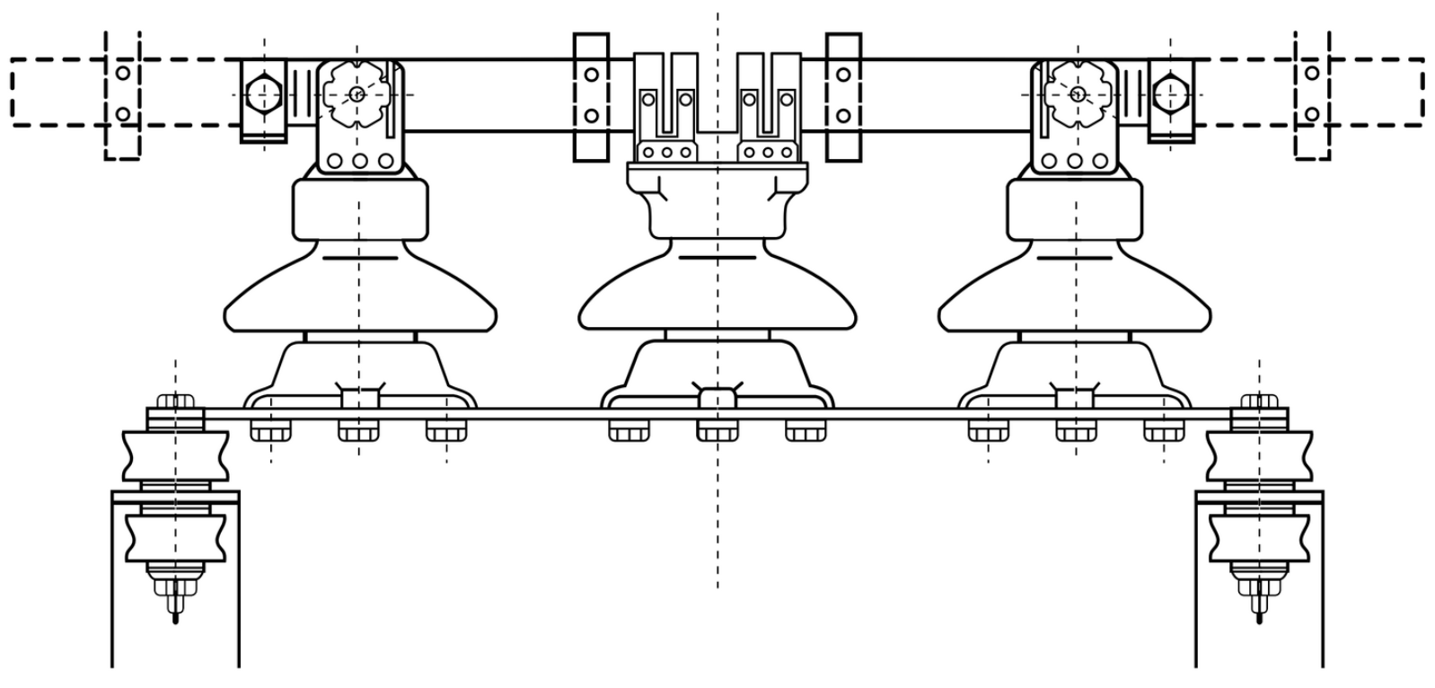 Rysunek przedstawia schemat odłącznika pantografów. Na odizolowanej od dachu izolatorami ramie umieszczona jest podstawa stalowa. Na podstawie rzędem stoją izolatory, na których osadzone są styki nieruchome. Nad izolatorami znajdują się drążki ze stykami ruchomymi.
