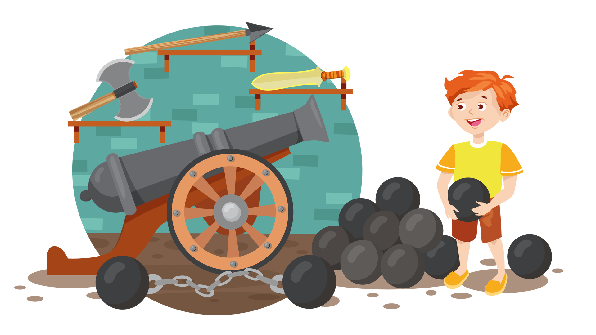 Ilustracja przedstawia pomieszczenie na broń. W tle widać turkusową ścianę, na której wiszą trzy brązowe półki. Na pierwszej leży topór, na drugiej włócznia, a na trzeciej miecz. Na pierwszym planie, na brązowej podłodze, stoi szara armata na drewnianych kołach. Jest to duża broń o podłużnym kształcie, służąca do wystrzeliwania ciężkich kul. Leżą przed nią dwie czarne kule armatnie połączone srebrnym łańcuchem, a dalej na prawo jest cały stos pojedynczych kul. Obok stosu stoi szeroko uśmiechnięty Franek, który trzyma w rękach jedną kulę. Kolejna leży na podłodze za chłopcem.