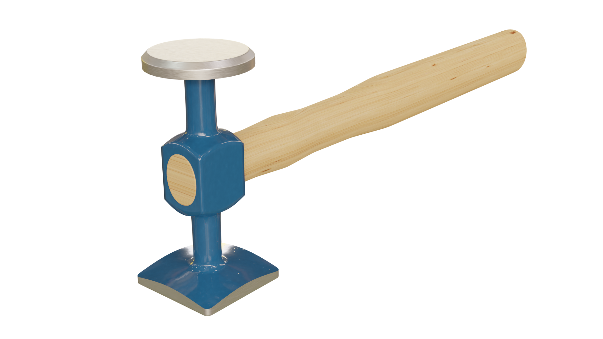 Na grafice przedstawiono młotek blacharski. Na drewnianym uchwycie (trzonku) osadzony jest obuch, która z jednej strony ma okrągłe, a z drugiej kwadratowe zakończenie. 