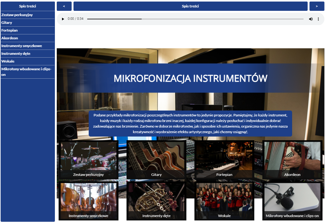 Grafika przedstawia początkowy ekran planszy interaktywnej zatytułowanej Rodzaje i sposoby mikrofonowania instrumentów muzycznych i wokalu przy użyciu popularnych (riderowych) mikrofonów.