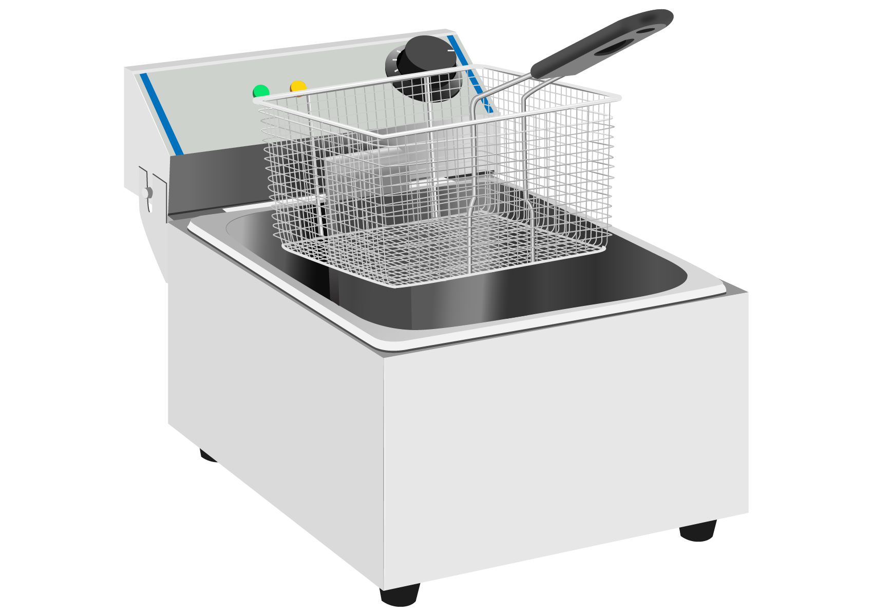 Ilustracja przedstawia metalowe urządzenie ustawione na czterech stalowych nóżkach. Obudowa urządzenia wykonana ze stali nierdzewnej zamontowana w formie maskownic. Na froncie urządzenia w połowie wysokości zamontowano plastikowe odbojniki w kolorze czarnym. Od góry maszyny widoczne koryto w którym zamontowano dwa stalowe kosze z czarnymi uchwytami.