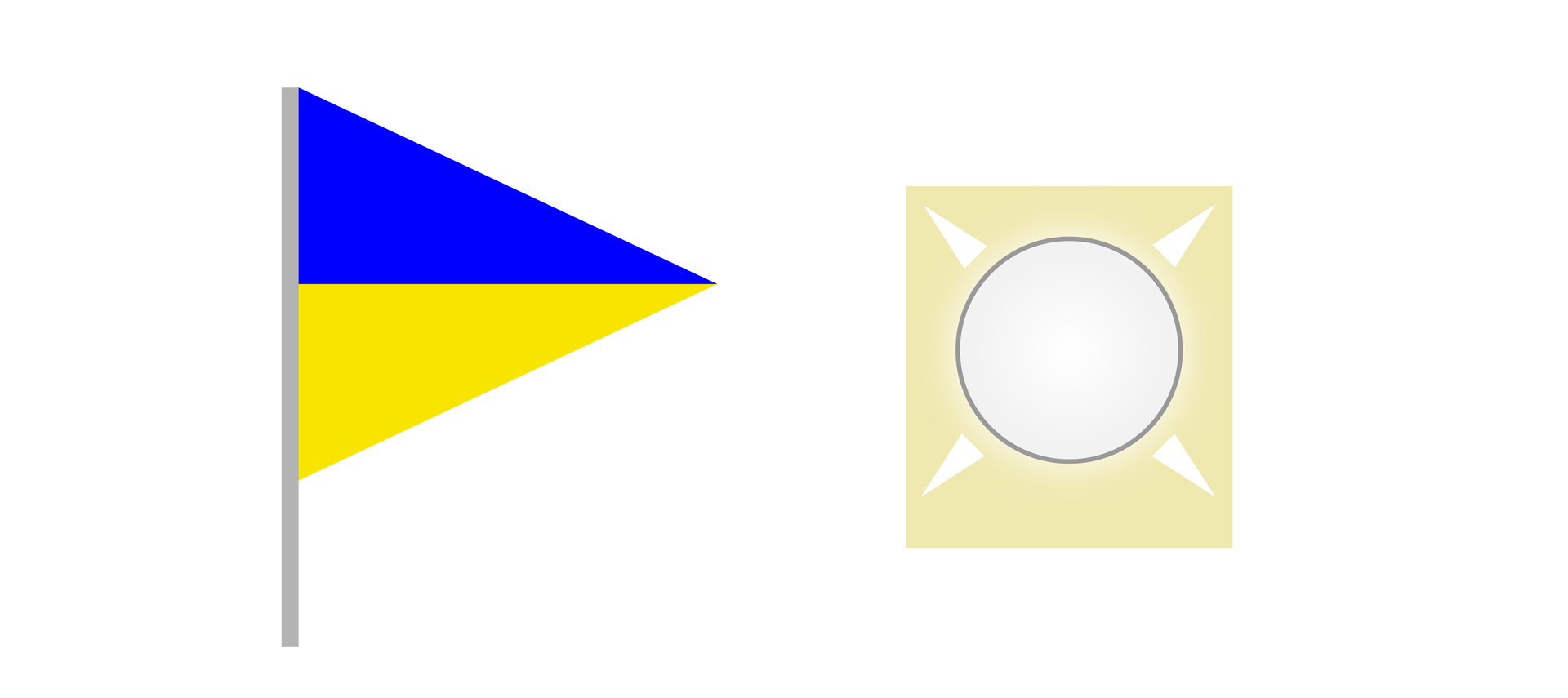 Ilustracja przedstawia niebiesko‑żółtą chorągiewkę w kształcie trójkąta oraz okrągłą migającą lampę.