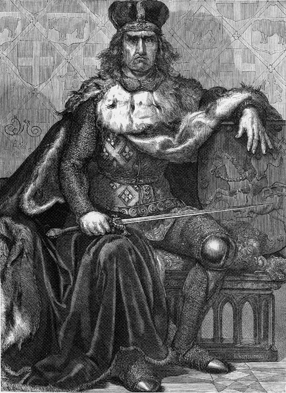 Ilustracja przedstawiająca postać Vytautasa, czyli Witolda. Książę litewski siedzi, na kolanach trzyma miecz, lewą rękę ma oparta na tarczy z godłem Litwy. Oprócz zbroi nosi futrzany długi płaszcz i nakrycie głowy przypominające koronę.