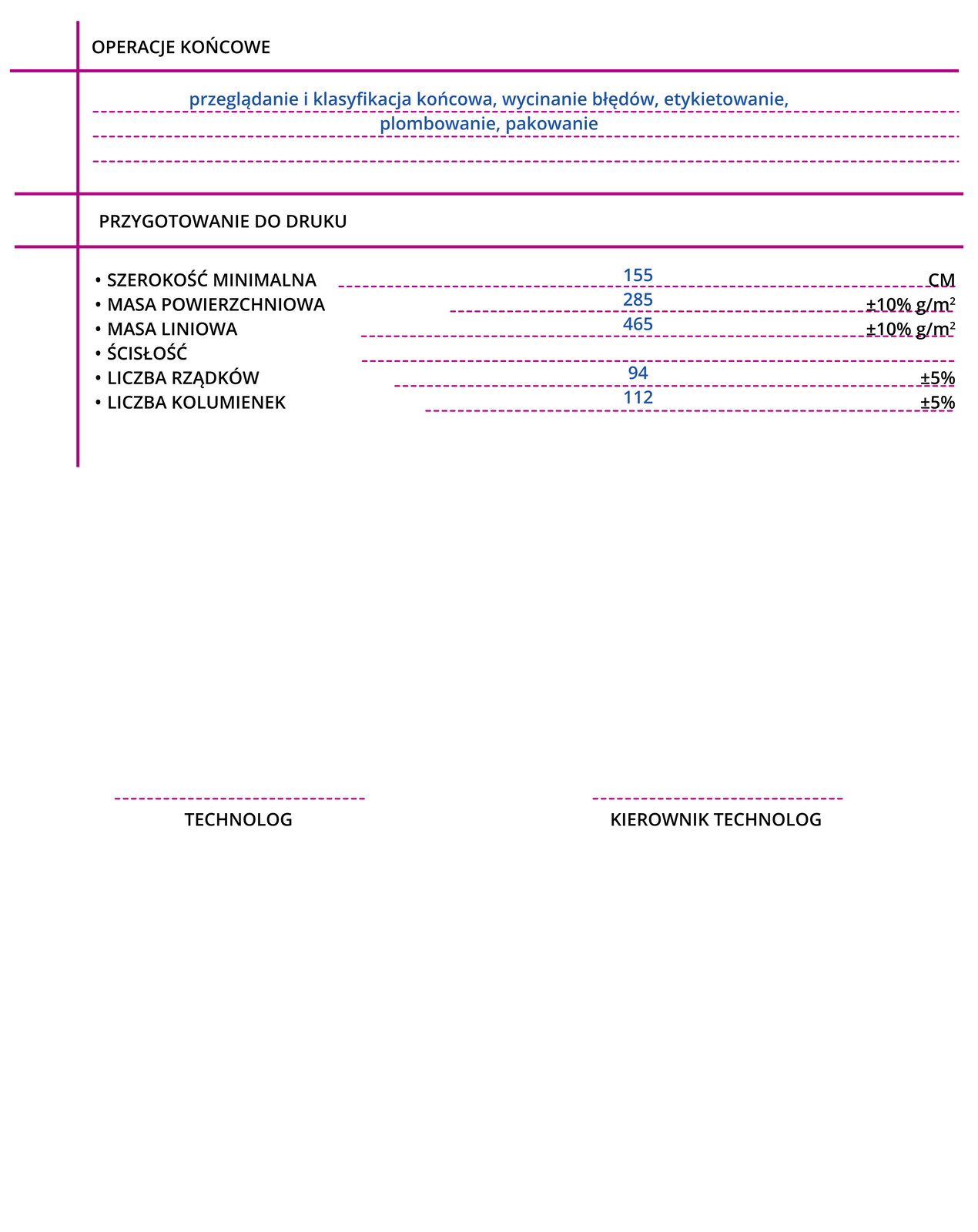 Grafika przedstawia czwartą stronę przykładowej karty warunków wykończenia dzianiny. operacje końcowe: przeglądanie i klasyfikacja końcowa, wycinanie błędów, etykietowanie, plombowanie, pakowanie.Przygotowanie do drukuSzerokość minimalna: 155 centymetrów.Masa powierzchniowa: 285 gramów na metr kwadratowy, plus minus 10%.Masa liniowa: 465 gramów na metr kwadratowy.ŚcisłośćLiczba rządków: 94, plus minus 5%.Liczba kolumienek: 112,  plus minus 5%.Miejsce na podpisy technologa oraz kierownika technologa.