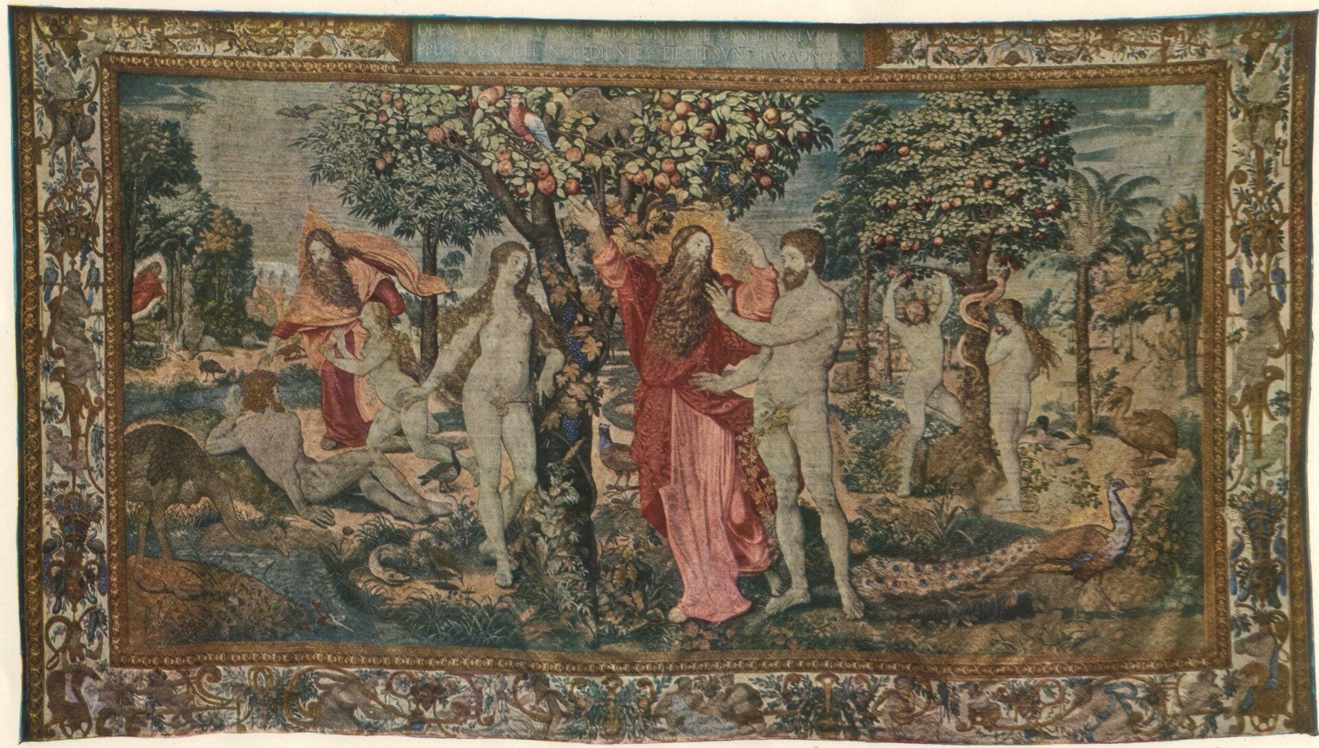 Arras przedstawiający dzieje rajskie, sceny: Stworzenie Adama, Stworzenie Ewy, Bóg zapoznaje ze sobą pierwszych rodziców, Zakaz spożywania owocu, Grzech pierworodny, Wygnanie z raju.