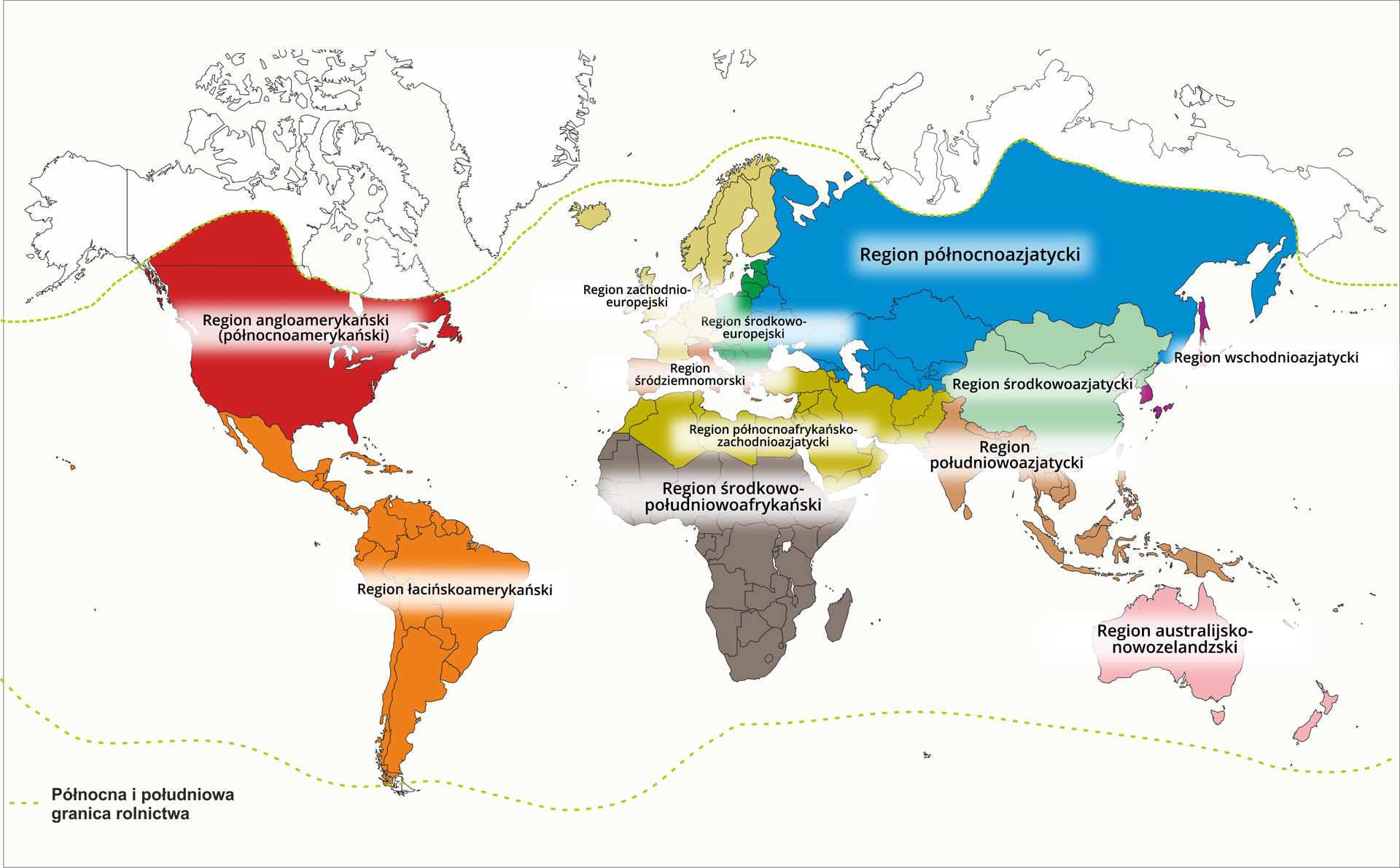 Mapa świata przedstawia makroregiony rolnicze występujące na świecie. Makroregion angloamerykański (północnoamerykański) – obejmuje swym obszarem USA i Kanadę.  Makroregion łacińskoamerykański – kraje wchodzące w skład Ameryki Środkowej oraz Południowej. Makroregion zachodnioeuropejski – obejmuje swym zasięgiem państwa kapitalistyczne zachodniej i północnej Europy. Makroregion środkowoeuropejski – kraje wchodzące w skład omawianego regionu: Polska, Czechy, Węgry, Litwa, Łotwa, Estonia, Rumunia, Bułgaria oraz kraje byłej Jugosławii. Makroregion północnoazjatycki – zajmuje obszar państw należących do byłego Związku Radzieckiego np. Rosję, Kazachstan, Kirgistan, Uzbekistan Tadżykistan, Turkmenistan. Makroregion śródziemnomorski – w skład tego makroregionu chodzi Portugalia, Hiszpania, Grecja oraz Włochy. Makroregion środkowoazjatycki – obejmuje Chiny, Mongolię i Koreę Północną. Makroregion wschodnioazjatycki – Japonia i Korea Południowa. Makroregion południowoazjatycki –  kraje wchodzące w skład makroregionu to: Indie, Bangladesz, Filipiny, Indonezja oraz  Półwysep Indochiński. Makroregion połnocnoafrykańsko‑zachodnioazjatycki – obejmuje swym zasięgiem Saharę oraz Azję zachodnią do Pakistanu. Makroregion środkowopołudniowoafrykański – na południe od Sahary. Makroregion australijsko‑nowozelandzki – w skład tego regionu wchodzi Australia oraz Nowa Zelandia.   