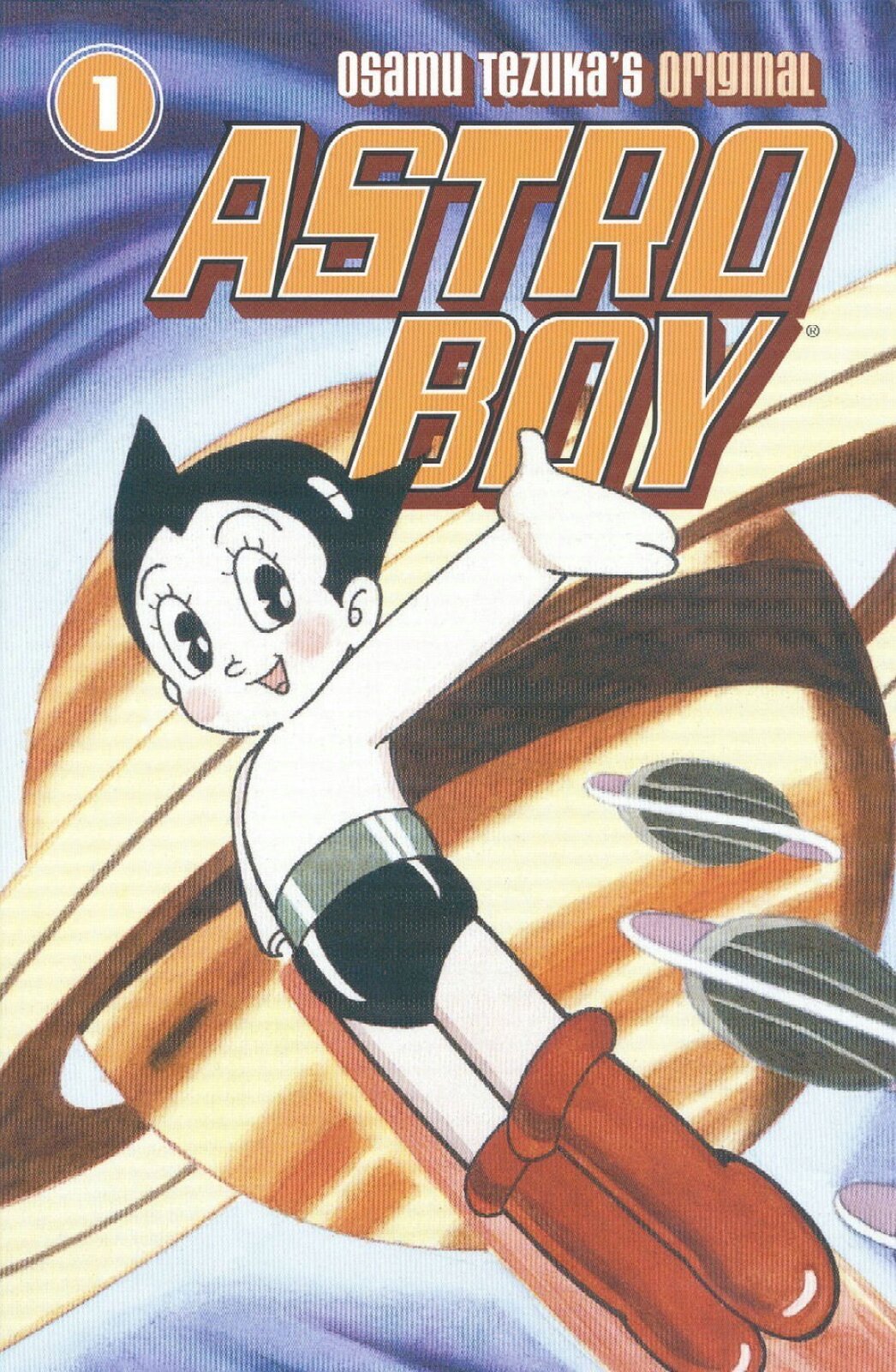 Na ilustracji w górnej części znajduje się tytuł komiksu: Osamu Tezuka's original: Astro Boy. Niżej znajduje się chłopiec ubrany w czerwone buty oraz czarne spodenki. W tle widać kosmos oraz trzy planety z czego jedna jest duża i dwie małe. 