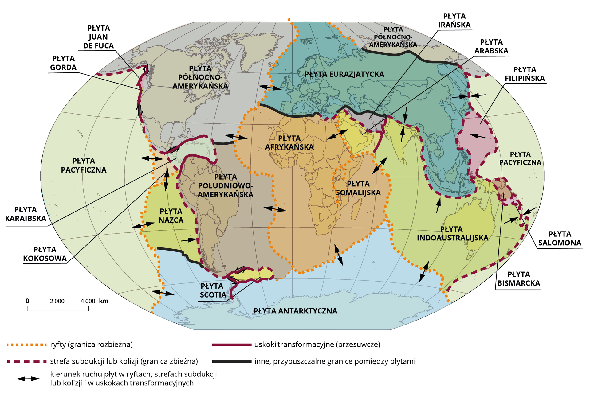 Mapa świata przedstawia umiejscowienie i ruch płyt tektonicznych. Zaznaczone są poszczególne płyty: Juan De Fuca, Gorda, Pacyficzna, Północnoamerykańska, Karaibska, Kokosowa, Nazca, Południowoamerykańska, Scotia, Antarktyczna, Afrykańska, Somalijska, Eurazjatycka, Irańska, Arabska, Indoaustralijska, Bismarcka, Salomona, Filipińska. Płyta Pacyficzna odsuwa się od płyt Nazca, Antarktycznej i Kokosowej a przysuwa się do Eurazjatyckiej oraz Indoaustralijskiej. Płyta Nazca przesuwa się w stronę płyty Południowoamerykańskiej. Płyta Kokosowa odsuwa się płyt Pacyficznej i Nazca. Płyta Antarktyczna odsuwa się od płyt: Pacyficznej, Afrykańskiej, Somalijskiej, Indoaustralijskiej. Płyta Eurazjatycka przysuwa się do Indoaustralijskiej i Pacyficznej, a odsuwa od Północnoamerykańskiej. Płyta Indoaustralijska przysuwa się do Eurazjatyckiej i Pacyficznej. Płyty Afrykańska i Somalijska odsuwają się od płyt: Północnoamerykańskiej, Południowoamerykańskiej, Antarktycznej, Indoaustralijskiej oraz Arabskiej. Płyta Filipińska przysuwa się do Płyty Eurazjatyckiej.