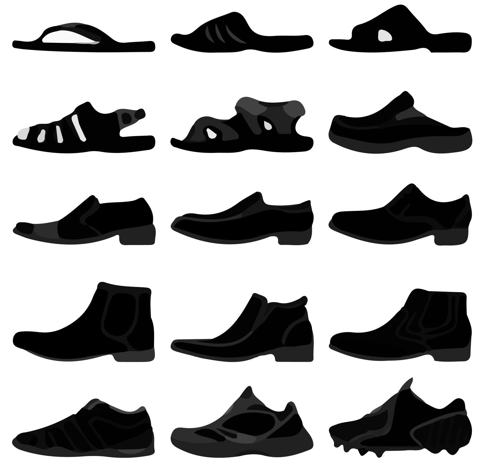 Grafika przedstawia widoczne od boku rysunki wzorów obuwia męskiego. Wszystkie są w czarnym kolorze. Znajdują się tam klapki, sandały, półbuty, obuwie sportowe i zimowe.
