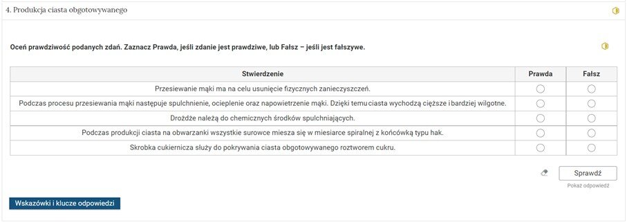 Grafika przedstawia widok pojedynczego zadania z interaktywnego materiału sprawdzającego, na prawo od nazwy zadania widnieje ikonka informująca o poziomie trudności zadania. Zaprezentowane zadanie składa się z listy zdań, a zadaniem osoby je wykonującej jest zaznaczenie czy dane zdanie jest prawdziwe czy fałszywe. 