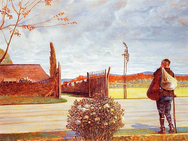 Barwna reprodukcja obrazu w układzie poziomym, przedstawiająca jesienny pejzaż z samotną postacią syna, stojącego po prawej stronie przy skraju drogi, na którą pada jego jasnofioletowy cień. Droga przebiega w dolnej części obrazu jasnym, szerokim, niemal poziomym pasem. Przy samej krawędzi widać u dołu rudawy klin przydrożnej trawy. Na środku pierwszego planu widoczny jest kulisty krzew, wyłaniający się na środku, spoza skraju płótna. Przesłania on w tym miejscu drogę. Mężczyzna w brązowej kurtce i spodniach, których nogawki zostały ściśnięte na łydkach płóciennymi taśmami, jest odwrócony do widza plecami. Spogląda na otwartą, po drugiej stronie drogi bramę i podjazd prowadzący w stronę skrytego za płotem rodzinnego domu. Obraz dzieli w poziomie niemal na dwie równe części linia horyzontu. Ponad nią wznoszą się na tle nieba: głowa i barki objuczonego dwoma podróżnymi workami, wspartego na lasce wędrowca i – posuwając się w lewo – znajdujące się po drugiej stronie drogi: młode podwiązane do kołka drzewko na skraju żółtego pola, skrajny słupek zaczynającego się na środku obrazu płotu rodzinnej zagrody i przymocowane do niego skrzydło bramy z pionowych prętów. Jeszcze bardziej na lewo drugi słupek bramy. Zaraz obok niego widoczny jest cyprys za płotem biegnącym od wjazdu w lewo wzdłuż drogi, którego drewniane sztachety obrosły już czerwieniejącym, dzikim winem. Na koniec widoczny jest nad płotem, podobnie jak on obcięty lewą krawędzią obrazu, dach domu i fragment korony drzewa nad nim. Dodatkowo na pierwszym planie widać pojedyncze gałęzie drzewa, a na nich ostatnie, pomarańczowe, jesienne listki - w górnym narożniku płótna. Linia horyzontu jest sfałdowana siniejącymi na styku z niebem wzgórzami. Na ich tle wznosi się i opada jaskrawoczerwony pas liściastego lasu na bliższych wzniesieniach. Poniżej biegnie szpaler drzew za polem, żółcącym się na prawo od bramy. Tonacja obrazu utrzymana jest w jasnych, czystych, słonecznych barwach, co podkreśla delikatna perłowobłękitna biel nieba.