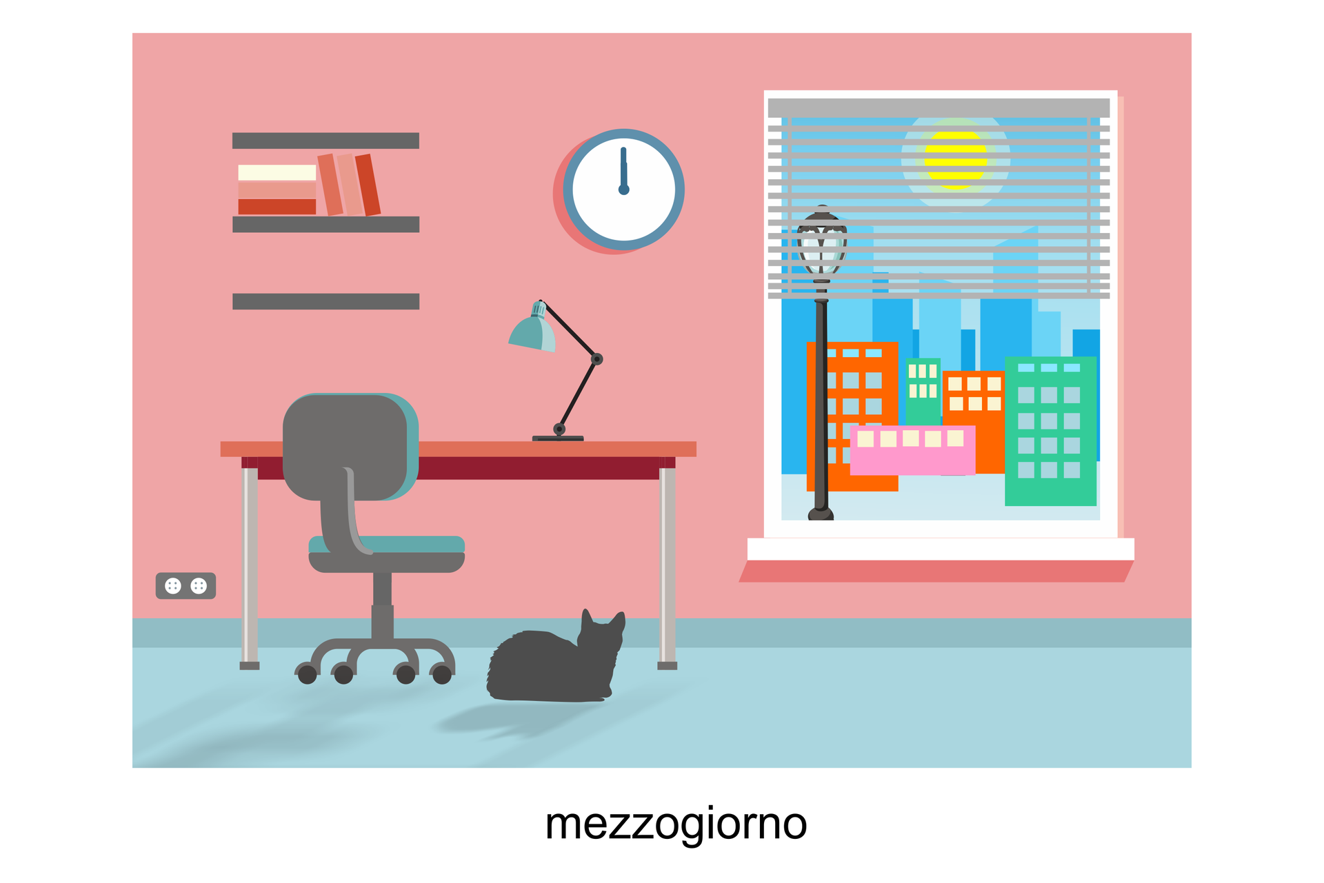 Rysunek przedstawia pokój z dużym oknem. Po lewej stronie stoi biurko i krzesło. Zegar pokazuje godzinę dwunastą. Za oknem widoczne jest słońce w zenicie. 