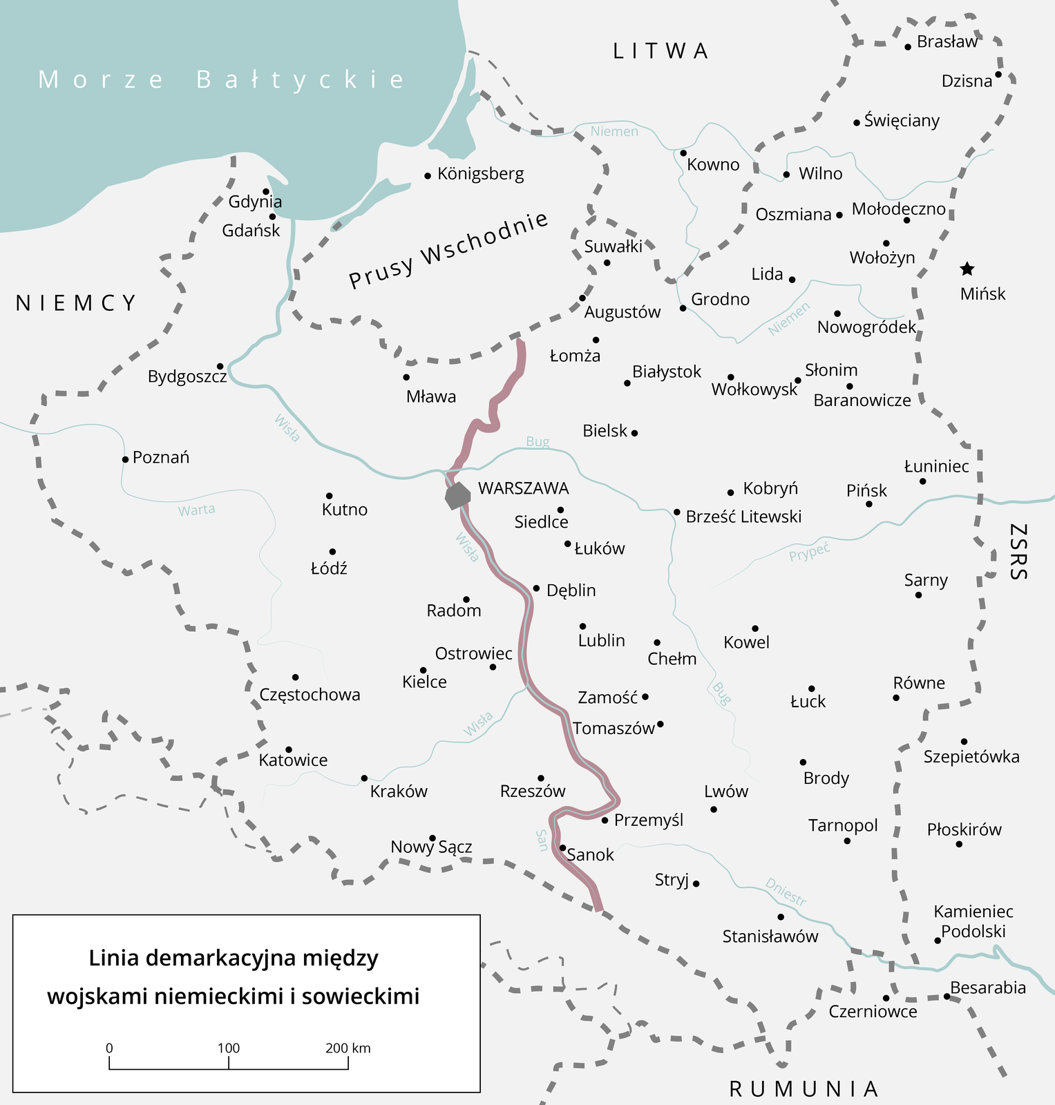 Mapa przedstawia linię demarkacyjną między wojskami niemieckimi i sowieckimi ciągnącą się od południowej granicy Prus Wschodnich przez miasta Warszawę, okolice Dęblina, Ostrowca, Przemyśla, Sanoka do południowej granicy Polski. 