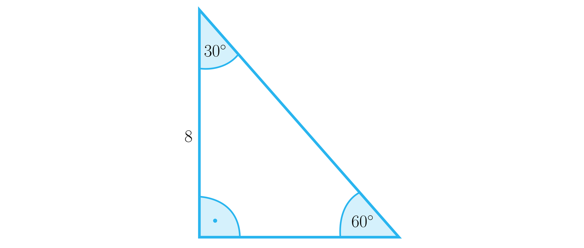 Ilustracja przedstawia trójkąt prostokątny o pionowej przyprostokątnej o długości 8. W trójkącie zaznaczono trzy kąty wewnętrzne: kąt prosty między przyprostokątnymi, kąt o mierze trzydziestu stopni między bokiem o długości 8 a przeciwprostokątną oraz kąt o mierze sześćdziesięciu stopni między przeciwprostokątną a podstawą trójkąta.
