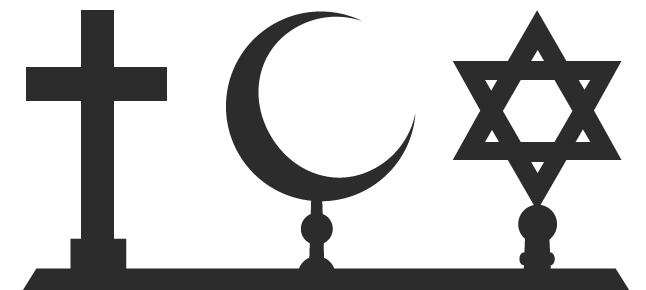 Ilustracja przedstawia trzy symbole: krzyż, półksiężyc oraz gwiazdę Dawida.