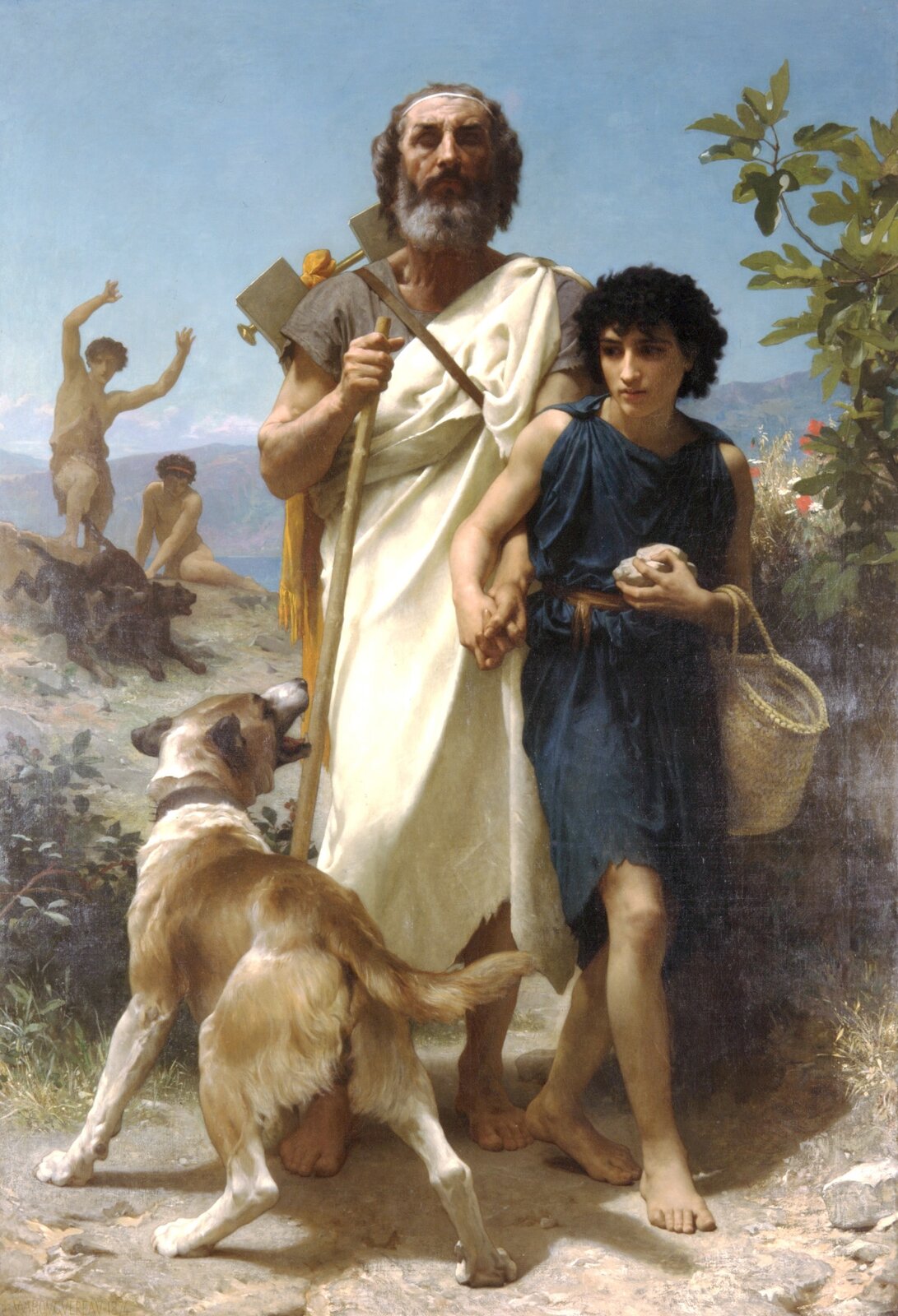 Obraz autorstwa Williama‑Adolphe Bouguereau pod tytułem „Homer jako niewidomy śpiewak” przedstawia chłopca prowadzącego starszego mężczyznę za ręke oraz psa. W centrum obrazu znajduje się starszy mężczyzna ubrany w białą szatę, jest to Homer. Po prawej stronie znajduje się chłopiec ubrany w niebieską szatę. W lewej dolnej części obrazu stoi duży pies; sprawia wrażenie agresywnego. Na drugim planie widoczni są dwaj mężczyźni, jeden z nich stoi z podniesionymi rękoma w górę a drugi siedzi na ziemi. Tło stanowią góry oraz błękitne niebo.