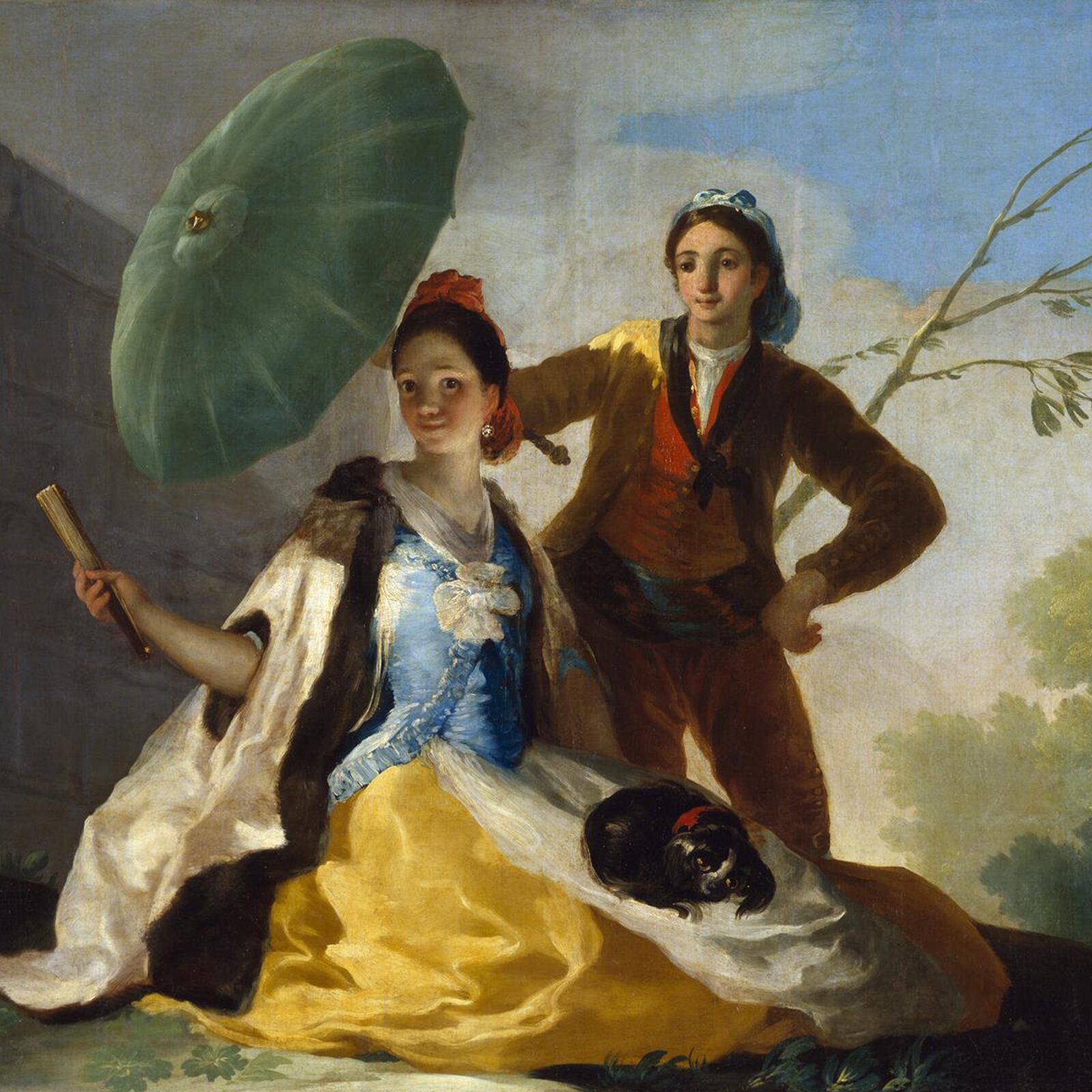 Na obrazie widoczna jest kobieta w strojnej sukni. Obok niej stoi mężczyzna, który trzyma zielony parasol. Kobieta ma w ręku złożony wachlarz oraz śpiącego pieska na kolanach. Na drugim planie po prawej stronie widoczny jest mur, a po lewej drzewa. W tle chmury i fragment niebieskiego nieba. Obraz jest radosny, utrzymany w jasnych barwach. Dominujące kolory to: żółty, niebieski, zielony, pomarańczowy, szary i biały.