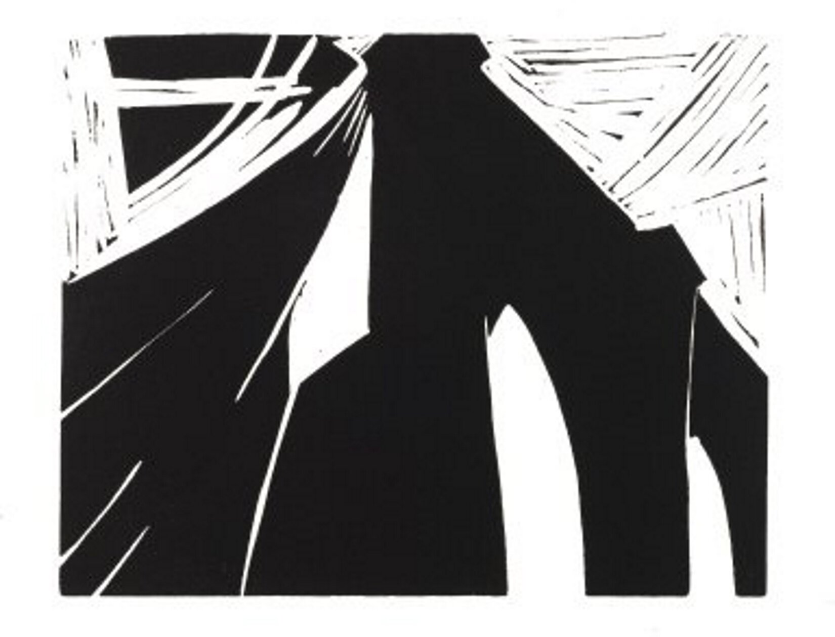 Ilustracja przedstawia abstrakcyjną pracę w kolorze czarnym na białym papierze. Czarne geometryczne kształty są pociągłe. Wychodzą z obu dolnych kątów i spotykają się u góry na środku papieru. Są poprzedzielane mniejszymi kształtami w białym kolorze. Praca ma białą ramkę z niewypełnionego papieru.