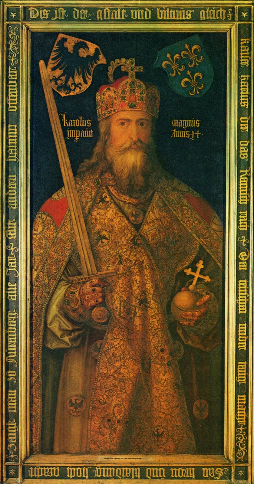 Cesarz Karol Wielki Karol Wielki stworzył pierwsze europejskie imperium średniowiecza i w 800 roku został cesarzem. Źródło: Albrecht Dürer, Cesarz Karol Wielki, 1511–1513, olej na desce, Germanisches Nationalmuseum, domena publiczna.