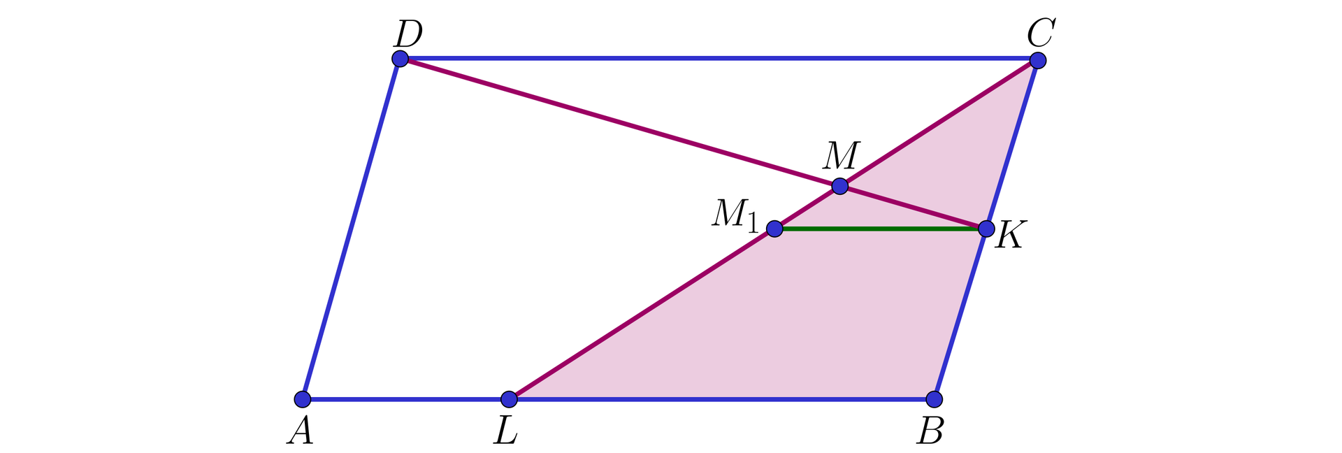 Na ilustracji przedstawiono równoległobok ABCD, o podstawie dolnej AB i górnej CD. Na boku BC zaznaczono punkt K, stanowiący jego środek. Na boku AB zaznaczono punkt L, taki że, odległość punktu L od wierzchołka B jest dwukrotnie większa od jego odległości od wierzchołka A. Połączono wierzchołek D z punktem K, oraz wierzchołek C z punktem L. Odcinki przecinają się w punkcie M. Na odcinku ML, zaznaczono punkt M1. Punkt M1 połączono z punktem K. Odcinek M1K jest równoległy do boku AB. Kolorem czerwonym zacieniowano pole trójkąta BCL.