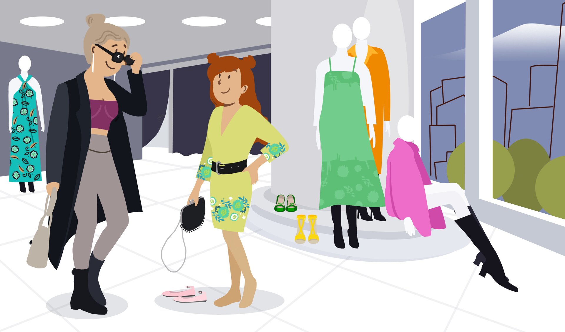 Ilustracja przedstawia kobietę i nastolatkę w sklepie z ubraniami 