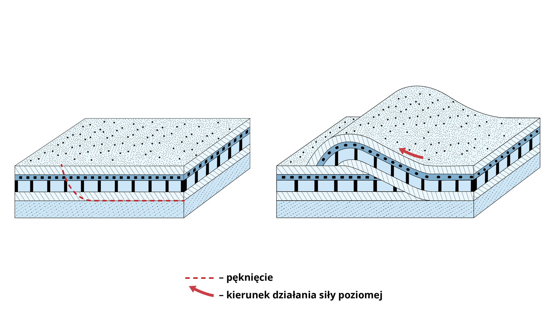 Dwa przekroje blokowe ukazują powstawanie płaszczowiny z odkłucia. Pierwszy przekrój ma boki w kształcie długich prostokątów, a podstawę i górę w kształcie dużego kwadratu. Z boku widać warstwy - dolna jest wypełniona małymi niebieskimi kropkami, kolejna warstwa to pasek z ukośnymi liniami, nad nią znajduje się warstwa z pionowymi czarnymi kreskami, dalej jest cienka warstwa z czarnymi małymi kwadratami, a nad nią znów warstwa z ukośnymi liniami. Przerywaną czerwoną linią zaznaczono pęknięcie - linia prowadzi od samego wierzchu przekroju, przez cztery warstwy, następnie ciągnie się w bok nad piątą, ostatnią warstwą. Na drugim przekroju na poziomy fragment przekroju, odpowiadający wcześniejszemu opisowi, nasunięty jest od drugi przekrój o czterech warstwach, mający kształt od prawej strony najpierw płaski, później łukowaty. Czerwona strzałka naniesiona na ten wybrzuszający się fragment pokazuje w prawo - jest to kierunek działania siły poziomej.   