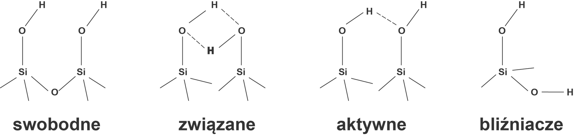 Ilustracja przedstawia cztery rodzaje grup silanolowych: swobodną, związaną, aktywną i bliźniaczą. Pierwszy rodzaj. Grupa swobodna: dwa atomy krzemu połączone są za pośrednictwem atomu tlenu. Dodatkowo każdy atom krzemu łączy się z dwoma wiązaniami pojedynczymi oraz za pomocą wiązania pojedynczego z atomem tlenu podstawionym atomem wodoru. Drugi rodzaj. Grupa związana: dwa atomy krzemu. Od każdego z nich odchodzą po trzy wiązania pojedyncze oraz po jednym wiązaniu pojedynczym łączącym atom krzemu z atomem tlenu podstawionym atomem wodoru. Obie grupy hydroksylowe O H tworzą czteroczłonowy pierścień, dzięki obecności wiązań wodorowych. Trzeci rodzaj. Grupa aktywna: dwa atomy krzemu. Od każdego z nich odchodzą po trzy wiązania pojedyncze oraz po jednym wiązaniu pojedynczym łączącym atom krzemu z atomem tlenu podstawionym atomem wodoru. Pomiędzy atomem tlenu pierwszej grupy hydroksylowej i atomem wodoru drugiej grupy hydroksylowej występuje wiązanie wodorowe symbolizowane przez przerywaną linię. Czwarty rodzaj. Grupa bliźniacza: atom krzemu łączy się z dwoma wiązaniami pojedynczymi oraz za pomocą wiązań pojedynczych z dwoma grupami hydroksylowymi OH.