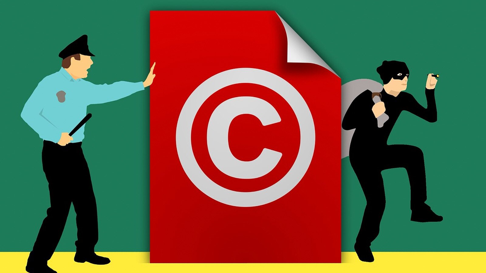 Grafika przedstawia postać w stroju policjanta, który w prawej ręce trzyma pałkę, a lewą rękę wyciąga do przodu z otwartą dłonią, w geście zatrzymującym, niemym „stop”. Przed policjantem jest czerwony prostokąt na wysokość całej postaci, na którym umieszczono biały symbol praw autorskich, czyli literę C otoczoną okręgiem. Zza prostokąta skrada się druga postać, ubrana cała na czarno, w kominiarce na głowie i przerzuconym przez ramię workiem, którego większa część jest przysłonięta przez prostokąt z symbolem praw autorskich.