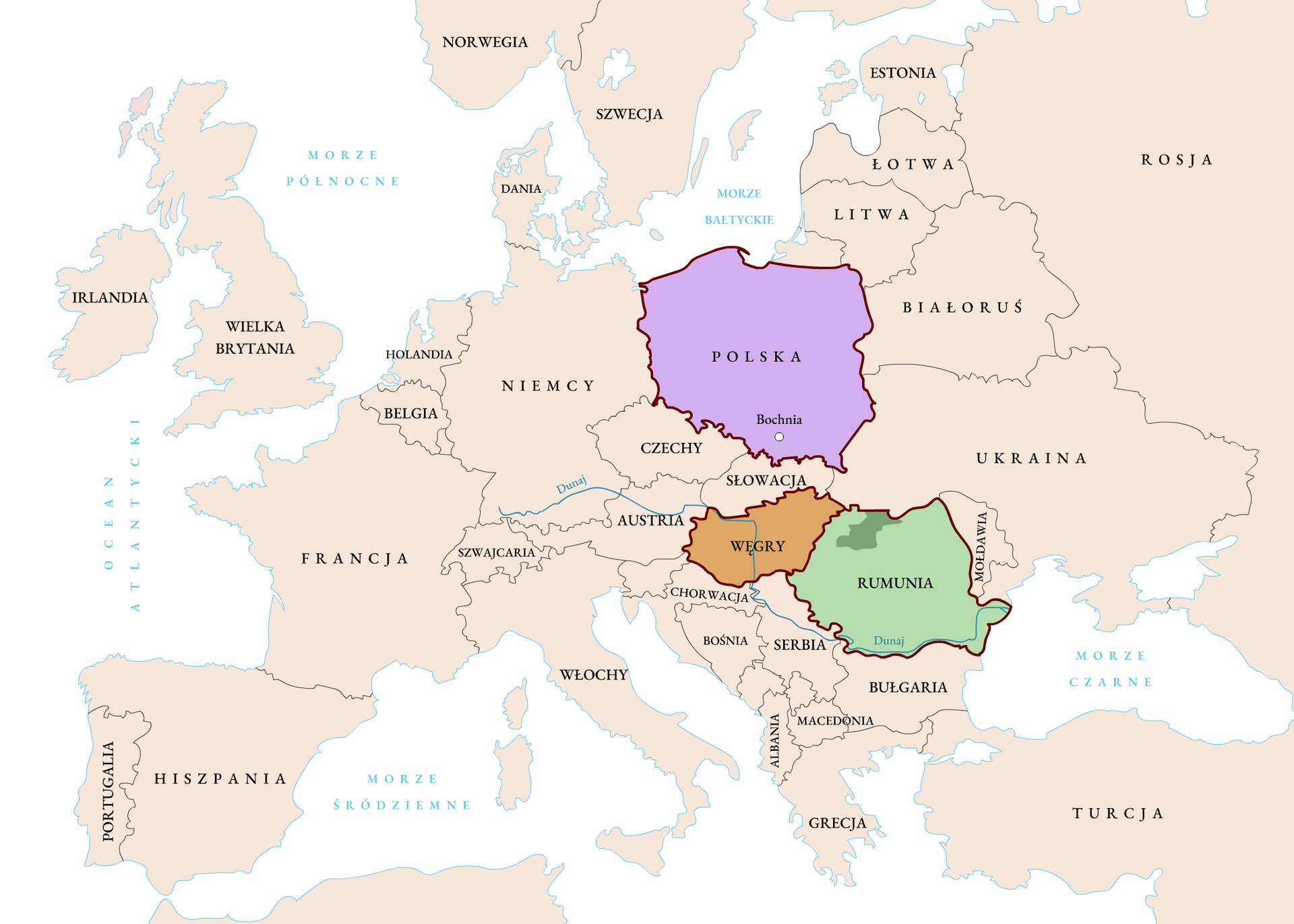 Mapa polityczna Europy z zaznaczonym obszarem Polski, Węgier oraz Rumunii. Na terenie Rumunii, na północnym zachodzie ciemna plama to obszar Marmorusz – region, z którego pochodziła królowa Kinga. Na terenie Polski, na południu zaznaczono białą kropką lokalizację kopalni w Bochni.