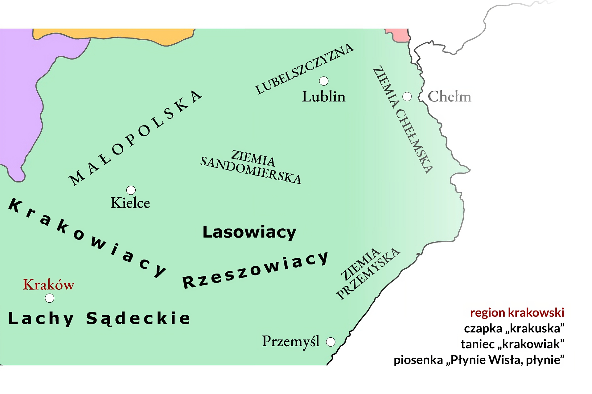 Kliknij, aby powiększyć Ilustracja przedstawia obszar Małopolski i Lubelszczyzny z terenami zamieszkałymi przez Krakowiaków, Rzeszowiaków. Regiony: Ziemia Przemyska, Ziemia Chełmska, Lubelszczyzna, Ziemia Sandomierska, Małopolska. Grupy kulturowe: Lachy Sądeckie, Krakowiacy, Rzeszowiacy, Lasowiacy. Miasta: Kraków, Przemyśl, Kielce, Lublin, Chełm. Napisy w prawym dolnym rogu: region krakowski. Przykłady elementów kultury regionu poniżej: czapka "krakuska", taniec "krakowiak", piosenka "Płynie Wisła, płynie".