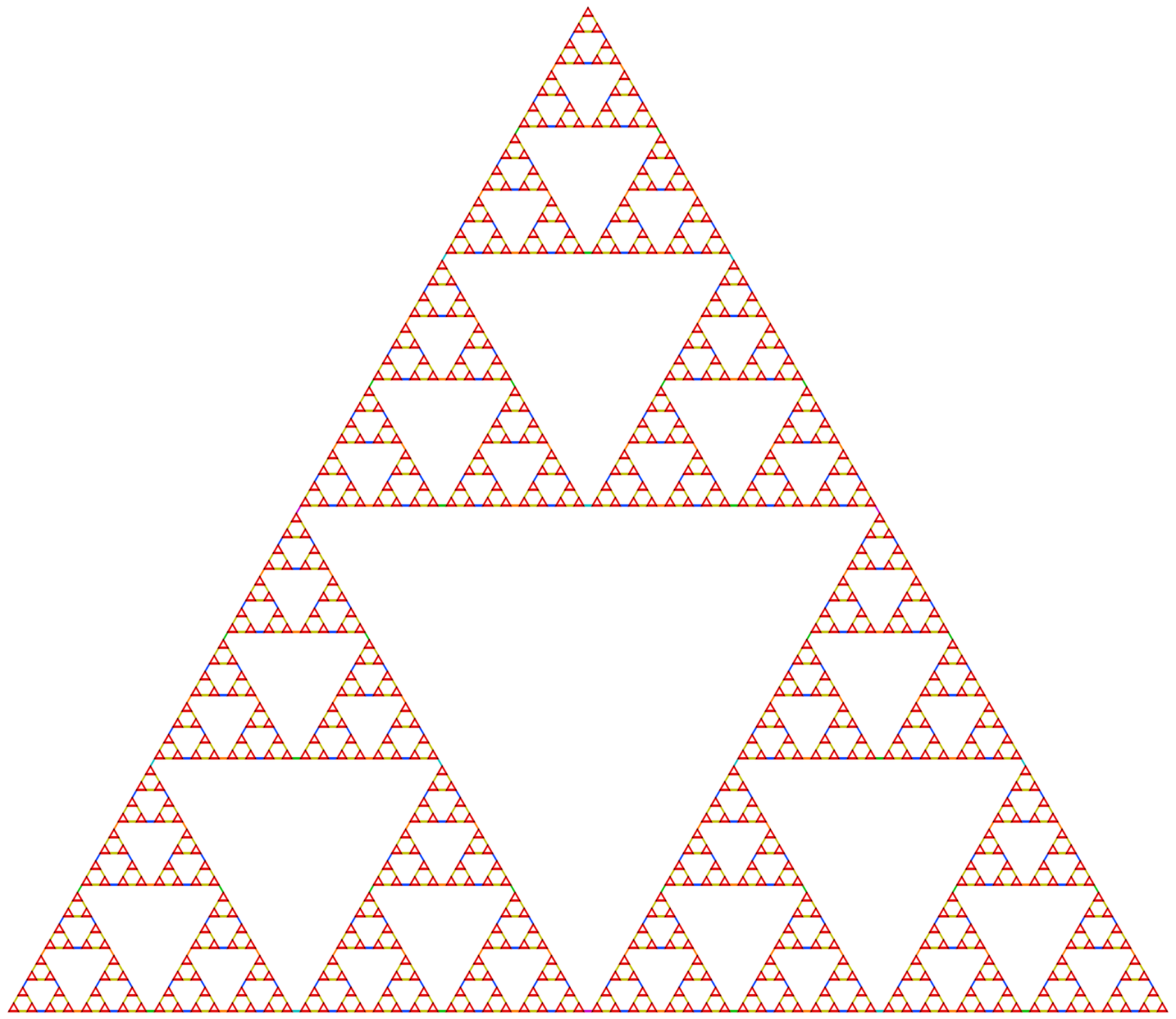 Ilustracja przedstawia graf możliwych ułożeń dla siedmiu krążków. Graf ma postać trójkąta równobocznego, który został podzielony na cztery trójkąty równoboczne. W trójkątach znajdujących się przy wierzchołkach dokonano takiego samego podziału. Podział taki wykonany został sześciokrotnie. Zatem cały trójkąt składa się z coraz to mniejszych trójkątów równobocznych.